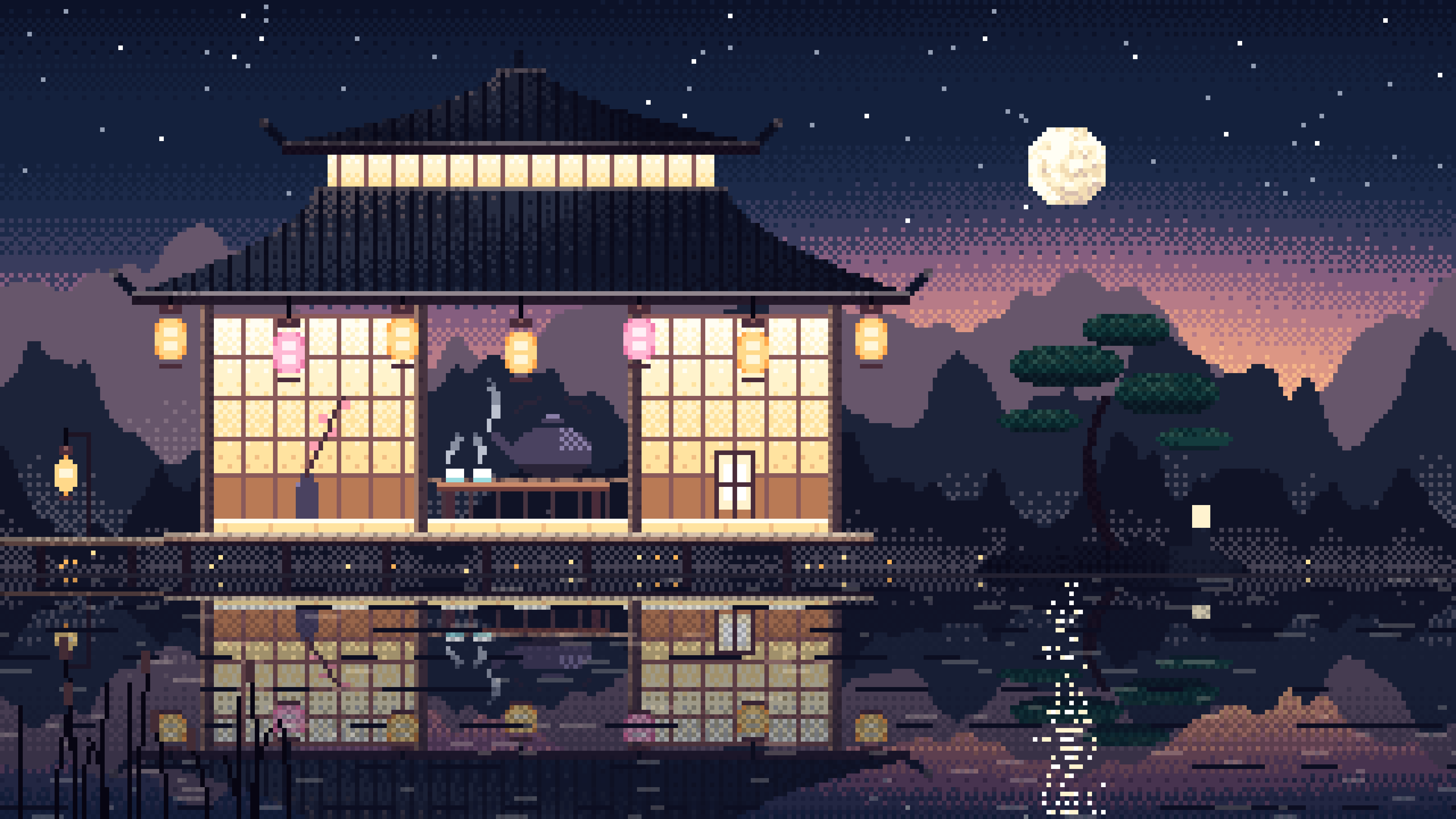 Navy Pixel Art Tea House by a Lake desktop wallpaper in 4K
