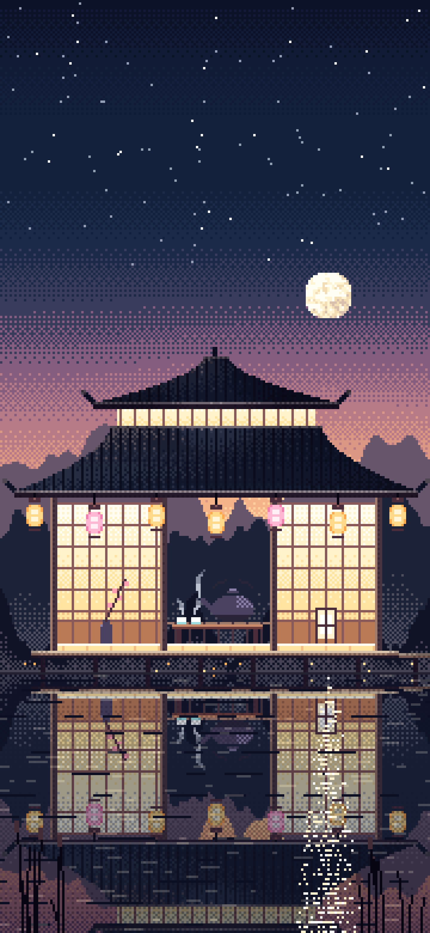 Navy Pixel Art Tea House by a Lake wallpaper for iPhone and Android