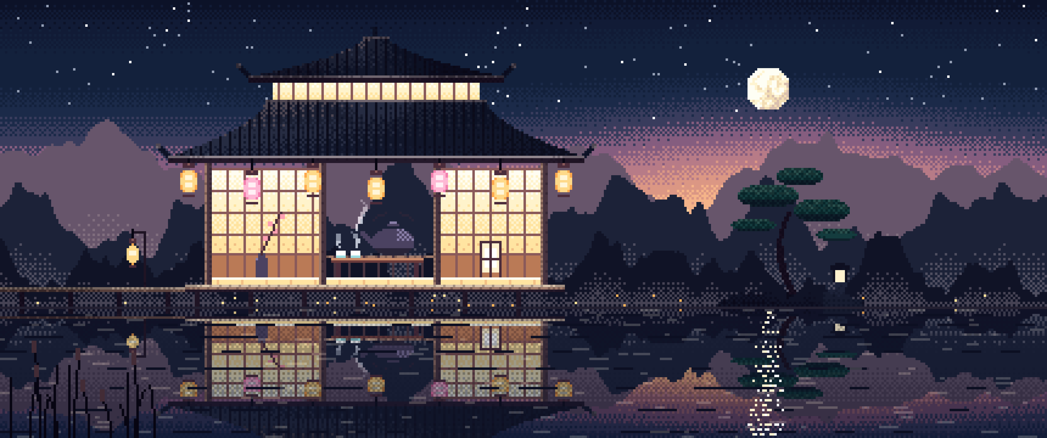 Navy Pixel Art Tea House by a Lake ultrawide wallpaper, 3440 × 1440