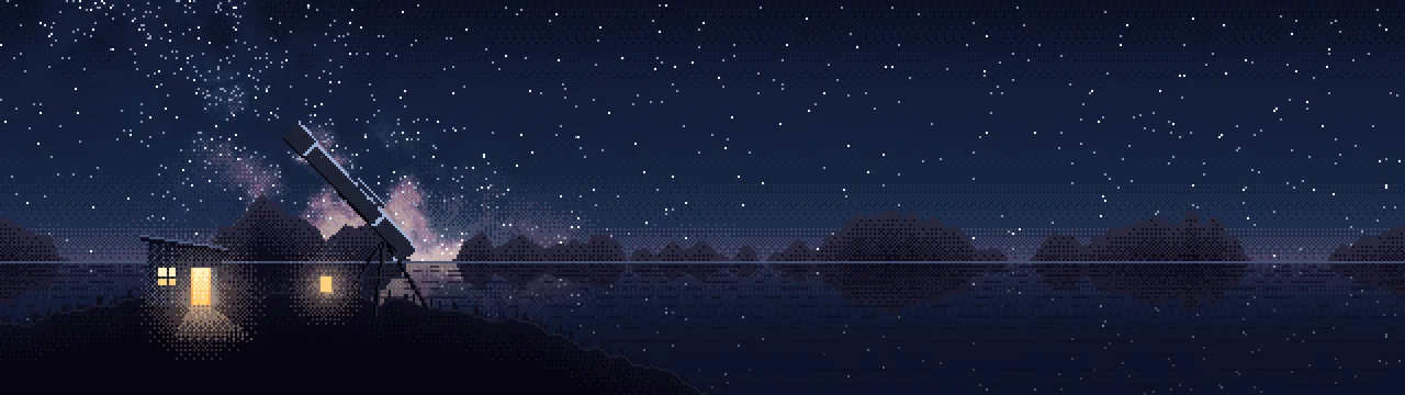 Navy Pixel Art Telescope Under the Milky Way dual monitor wallpaper, 7680 × 2160