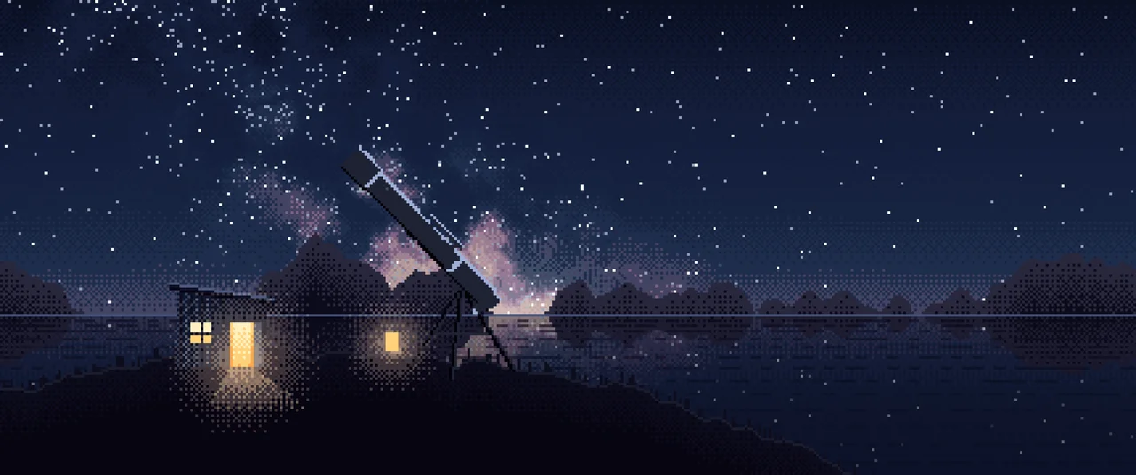 Navy Pixel Art Telescope Under the Milky Way ultrawide wallpaper, 3440 × 1440