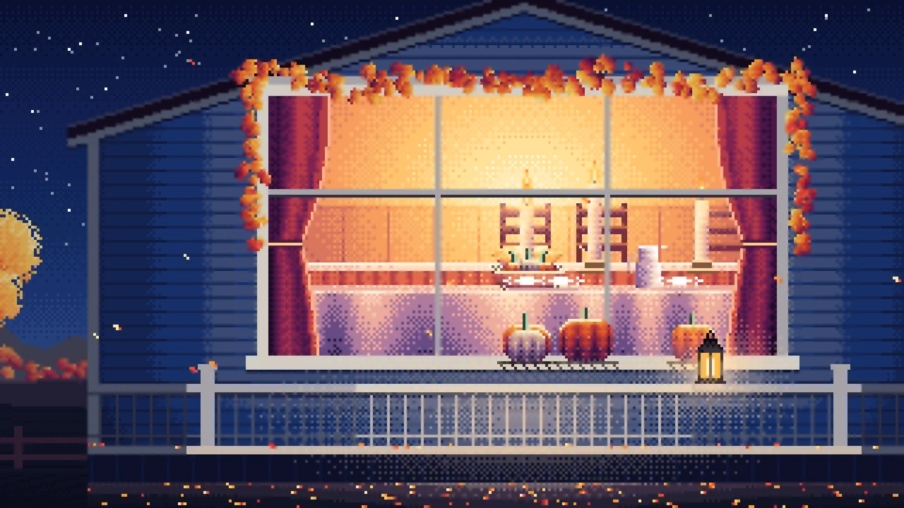 Navy Pixel Art Thanksgiving Dinner Through a Window desktop wallpaper in 4K