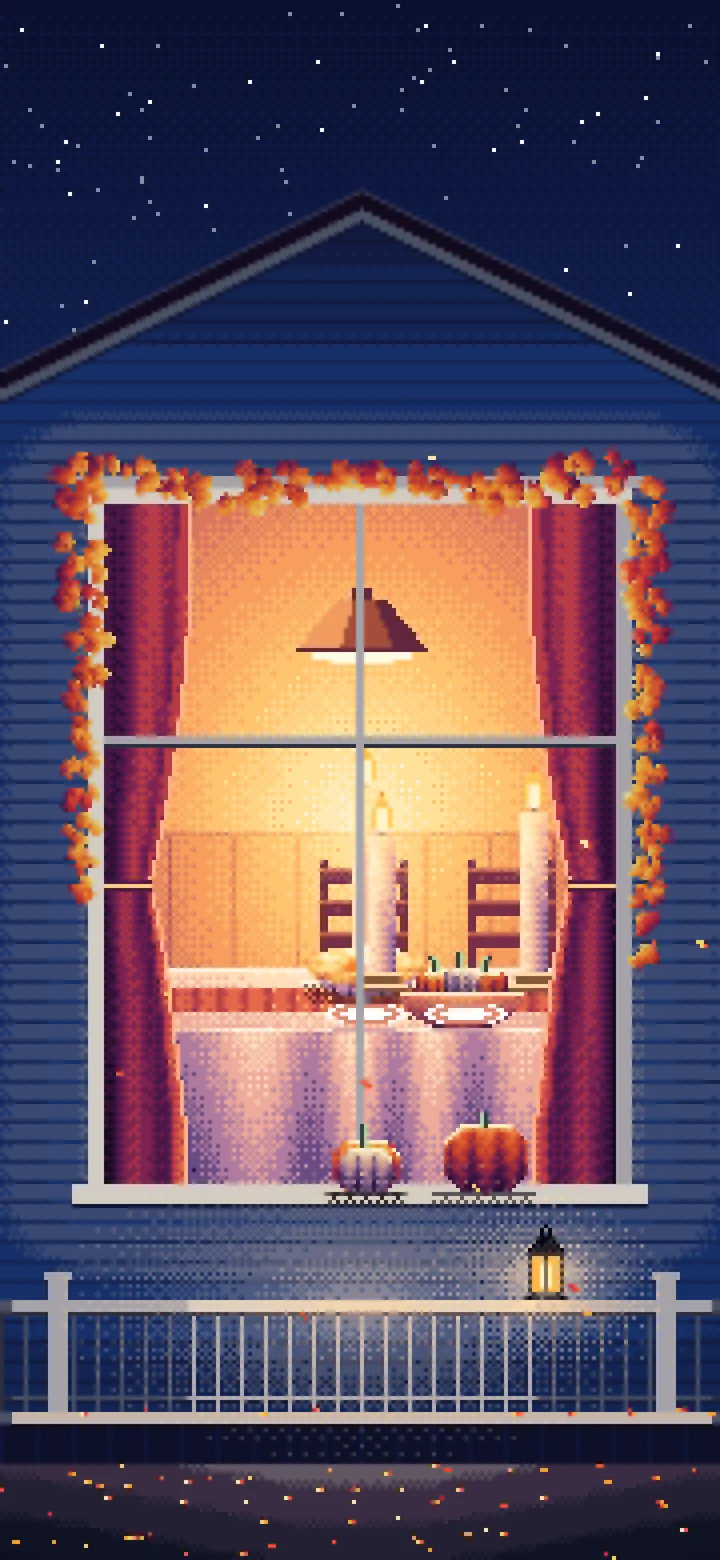 Navy Pixel Art Thanksgiving Dinner Through a Window wallpaper for iPhone and Android