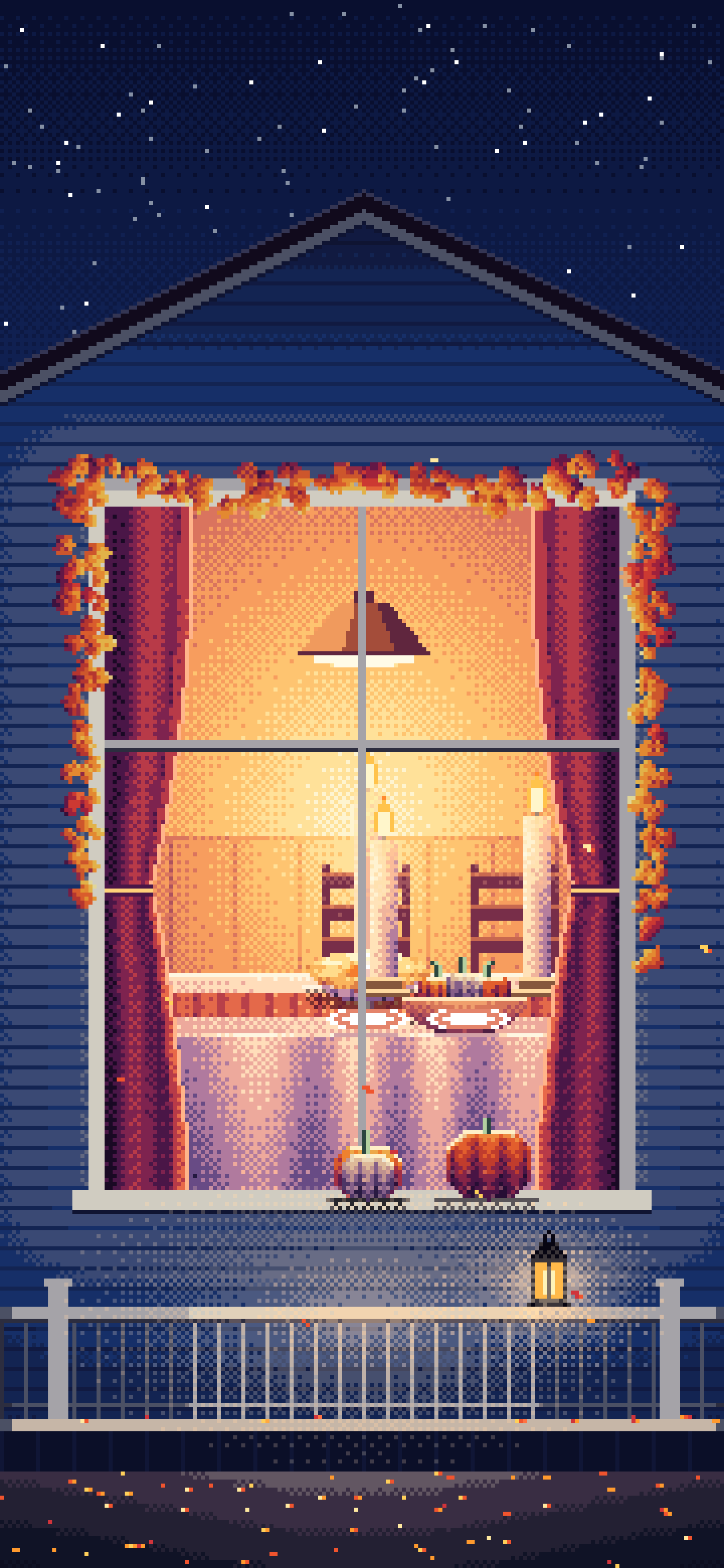 Navy Pixel Art Thanksgiving Dinner Through a Window wallpaper for iPhone and Android