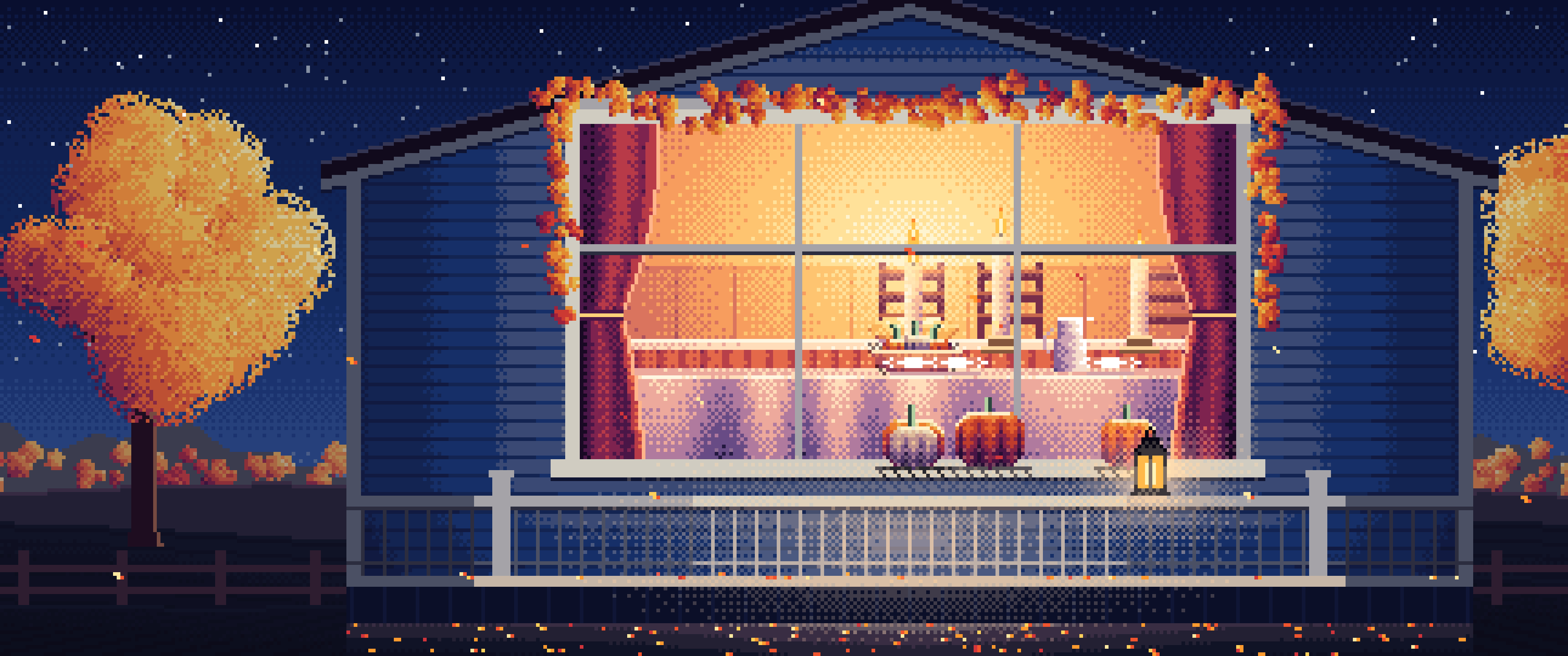 Navy Pixel Art Thanksgiving Dinner Through a Window ultrawide wallpaper, 3440 × 1440