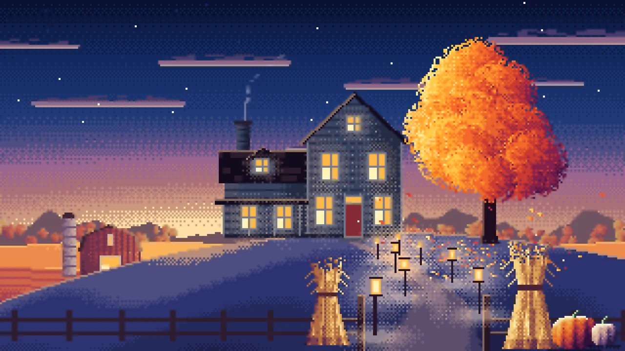 Navy Pixel Art Thanksgiving Farmhouse at Dusk desktop wallpaper in 4K