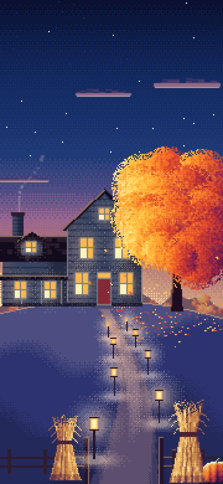 Navy Pixel Art Thanksgiving Farmhouse at Dusk wallpaper for iPhone and Android
