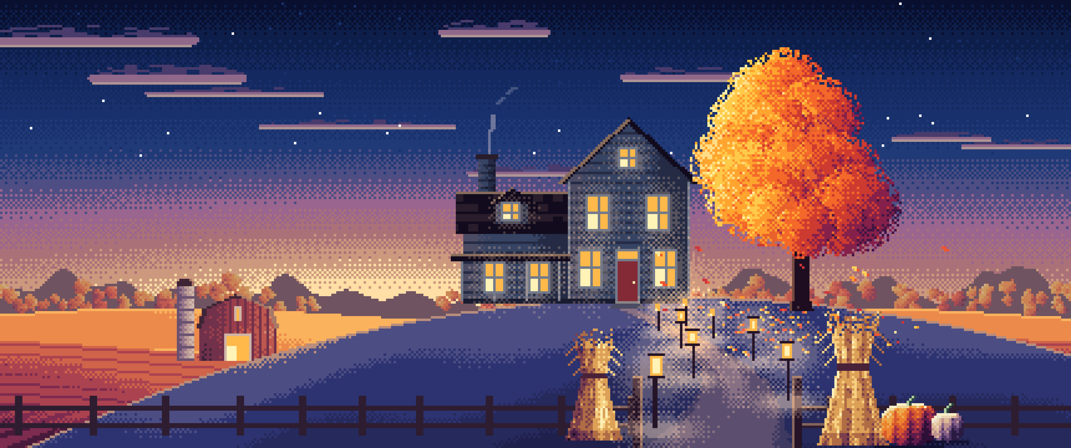 Navy Pixel Art Thanksgiving Farmhouse at Dusk ultrawide wallpaper, 3440 × 1440