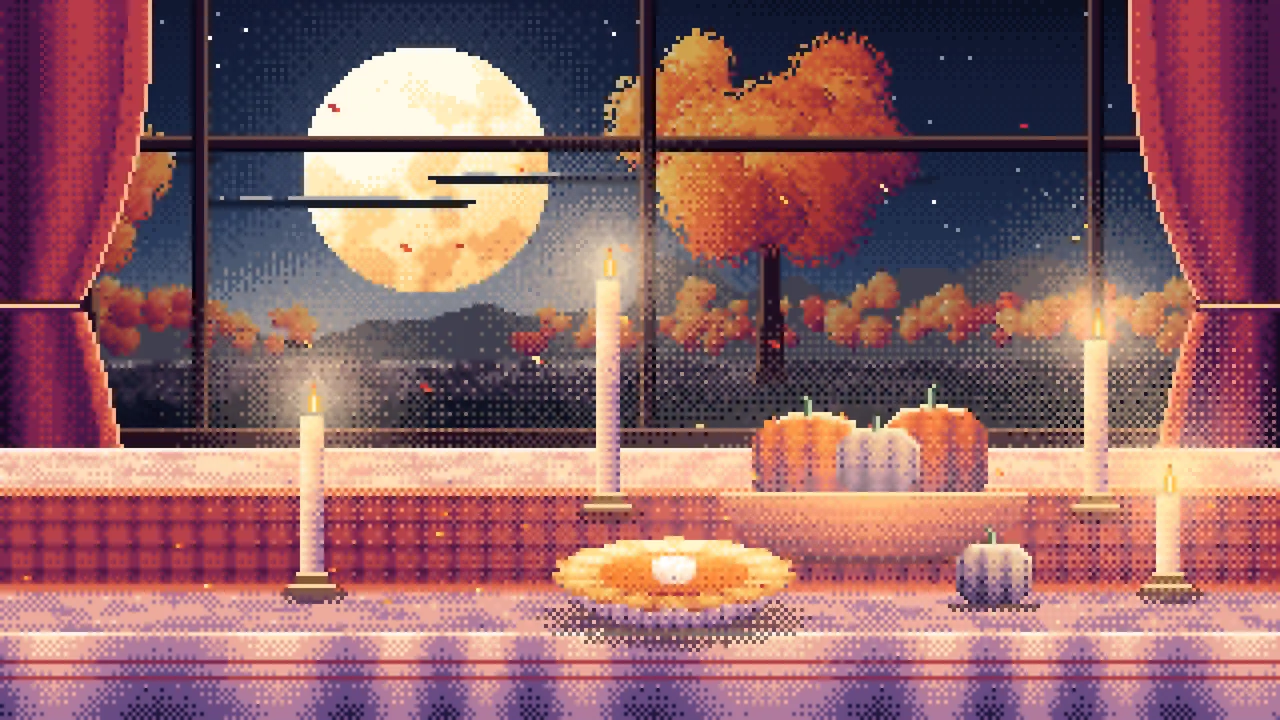 Navy Pixel Art Thanksgiving Table by a Window at Dusk desktop wallpaper in 4K