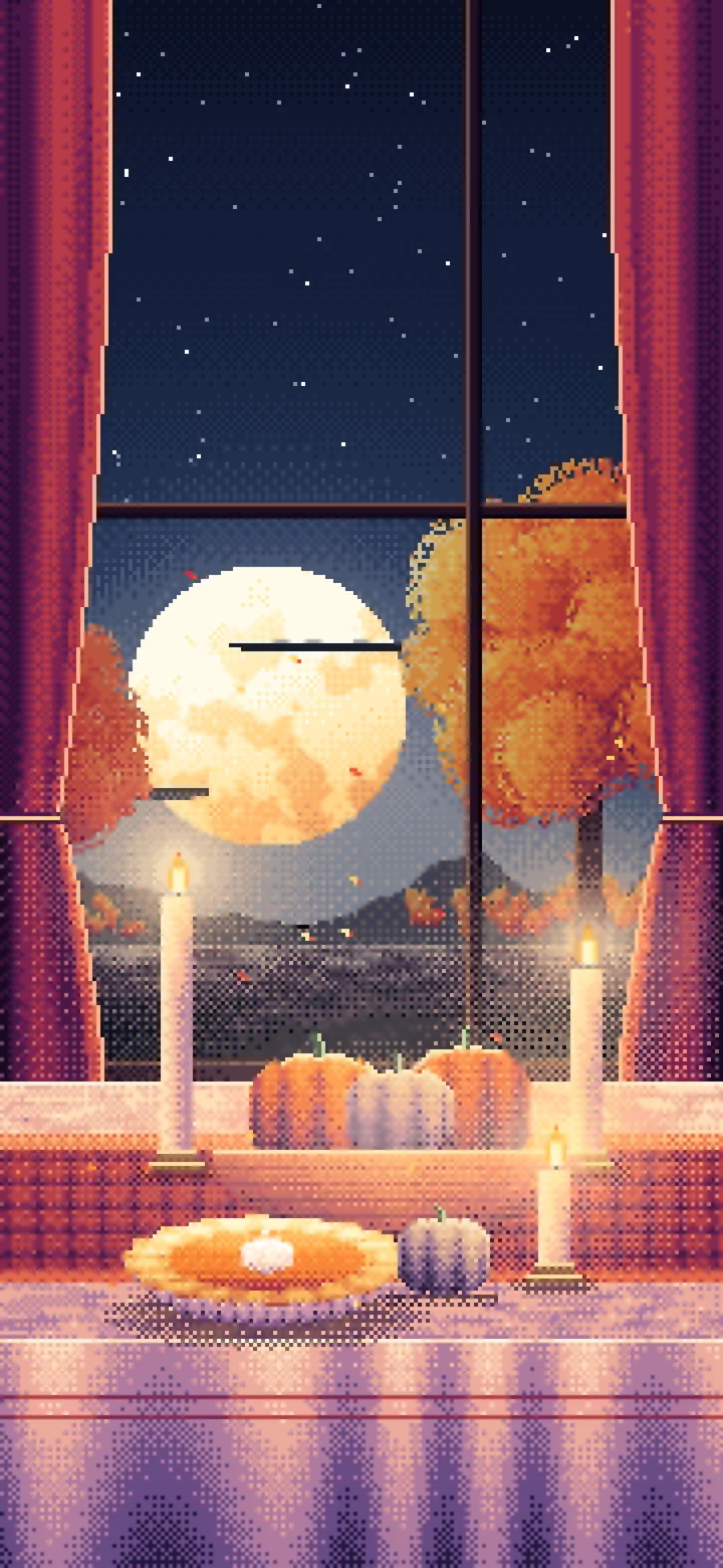 Navy Pixel Art Thanksgiving Table by a Window at Dusk wallpaper for iPhone and Android