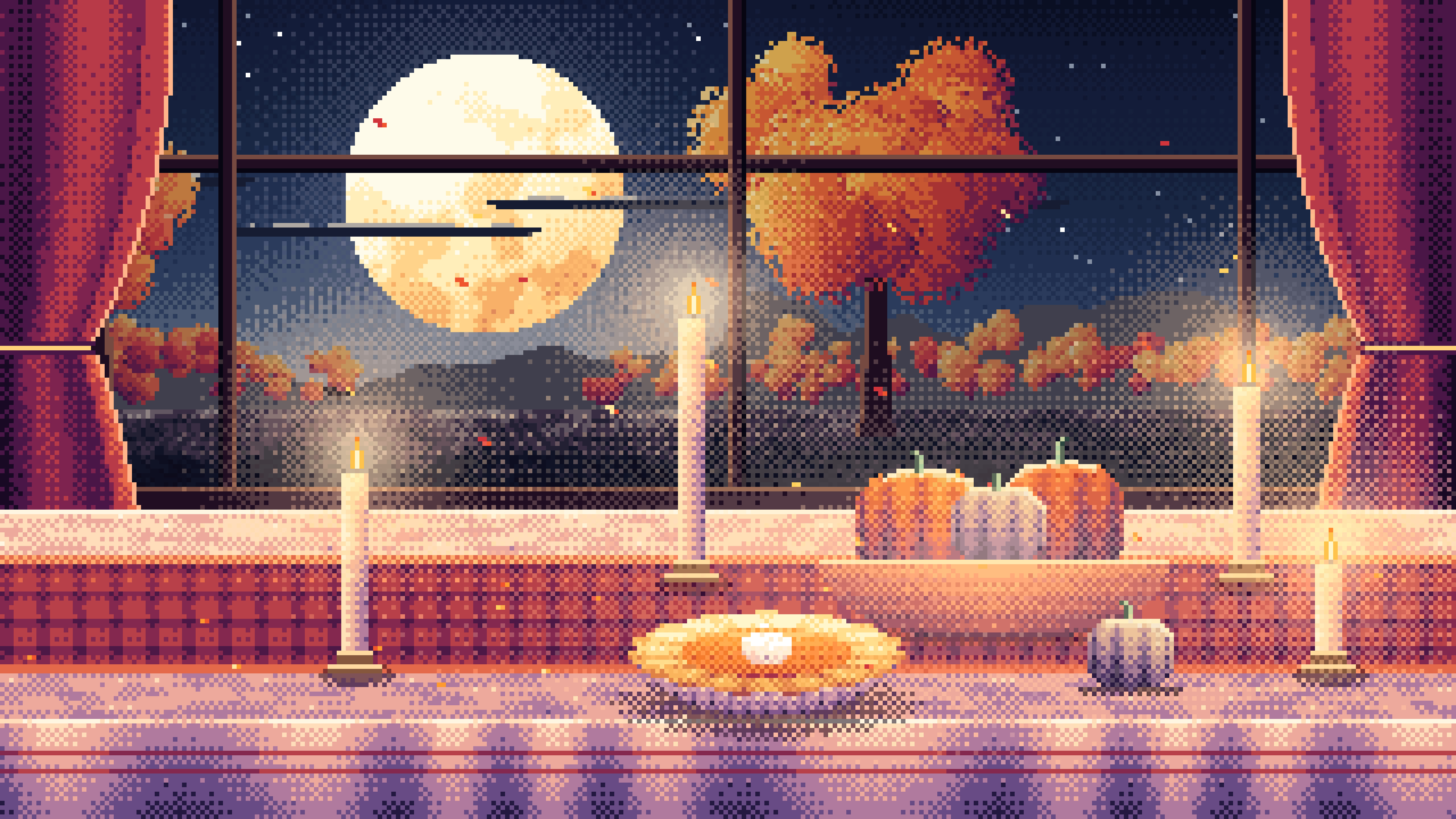 Navy Pixel Art Thanksgiving Table by a Window at Dusk desktop wallpaper in 4K