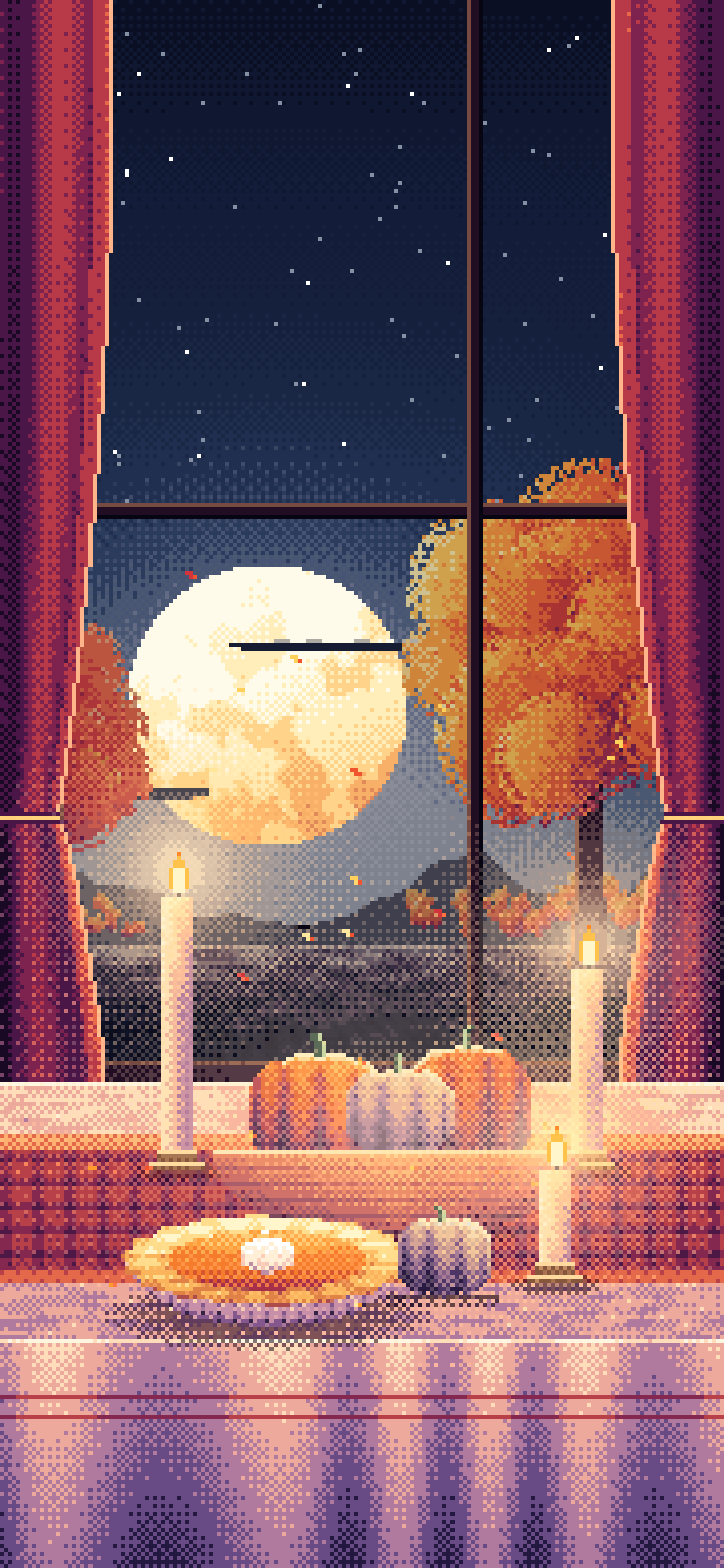 Navy Pixel Art Thanksgiving Table by a Window at Dusk wallpaper for iPhone and Android