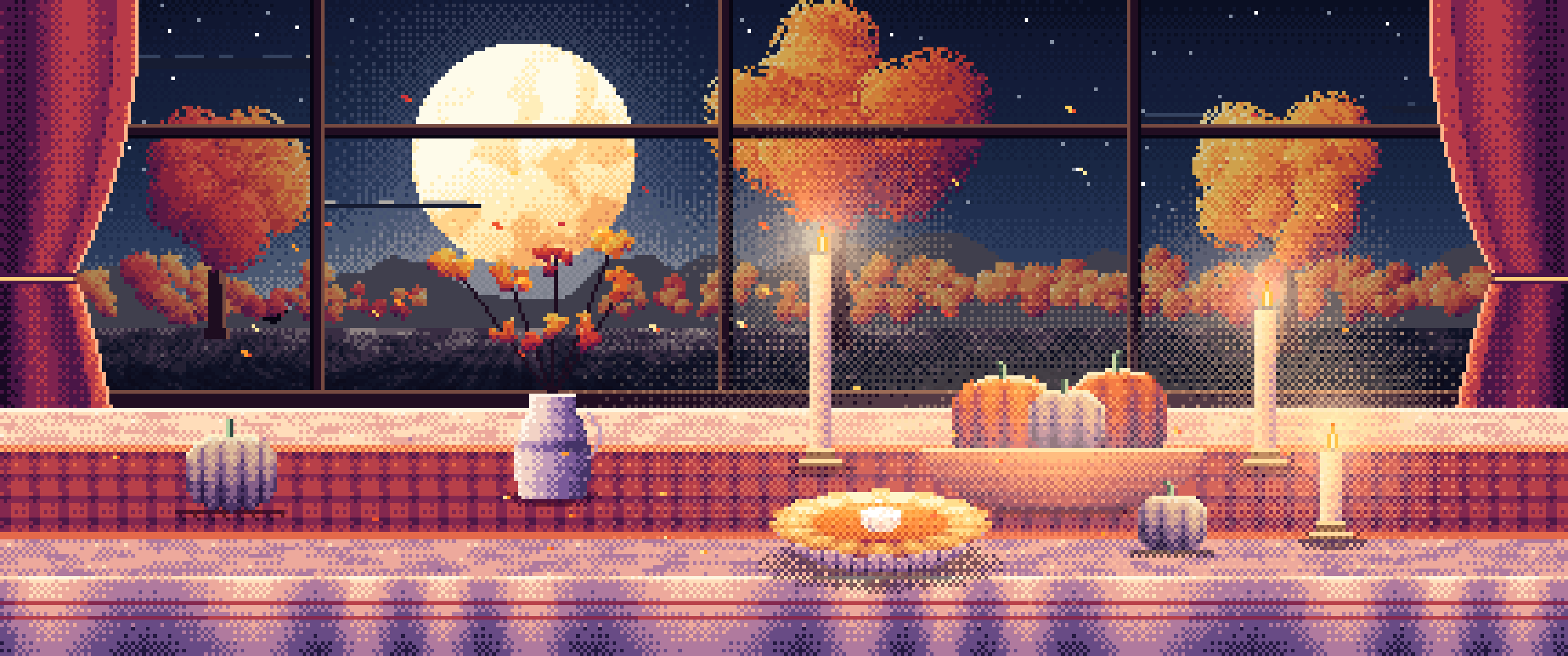 Navy Pixel Art Thanksgiving Table by a Window at Dusk ultrawide wallpaper, 3440 × 1440