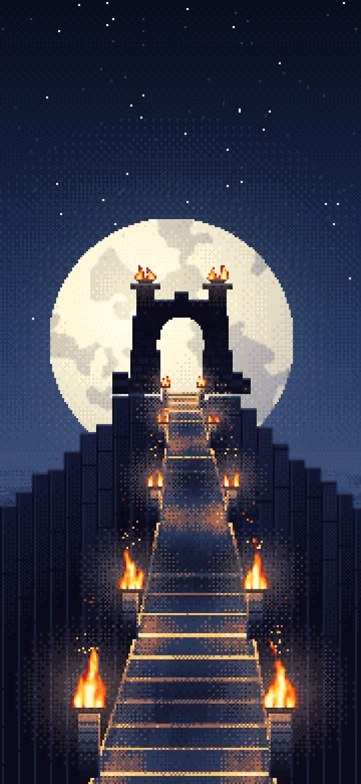 Navy Pixel Art Torch-Lit Stairway at Night wallpaper for iPhone and Android