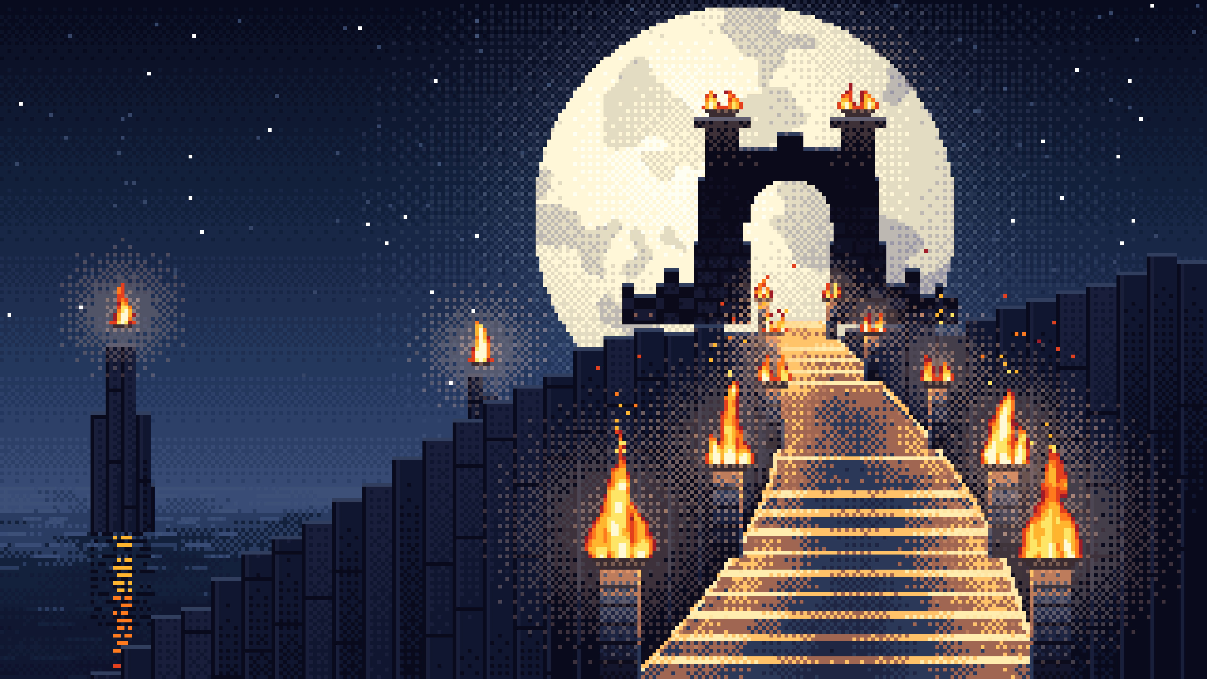 Navy Pixel Art Torch-Lit Stairway at Night desktop wallpaper in 4K