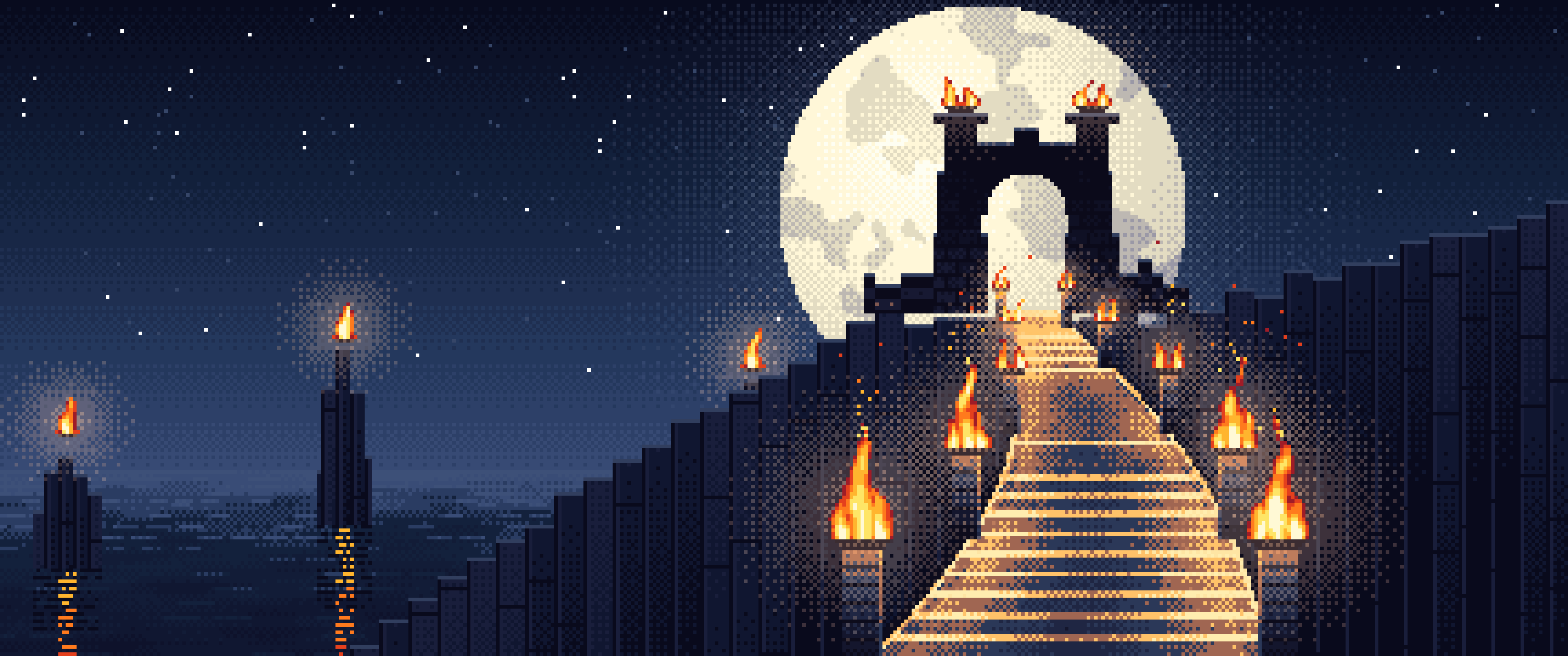 Navy Pixel Art Torch-Lit Stairway at Night ultrawide wallpaper, 3440 × 1440