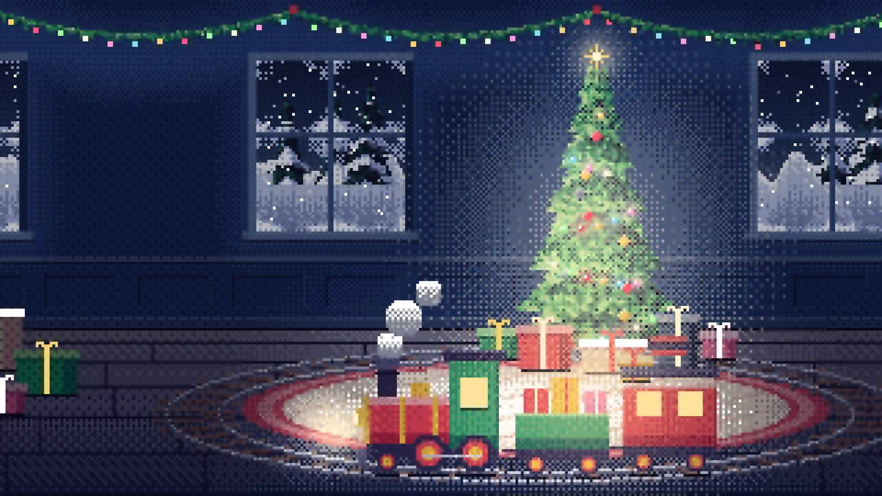 Navy Pixel Art Toy Train Around the Christmas Tree desktop wallpaper in 4K
