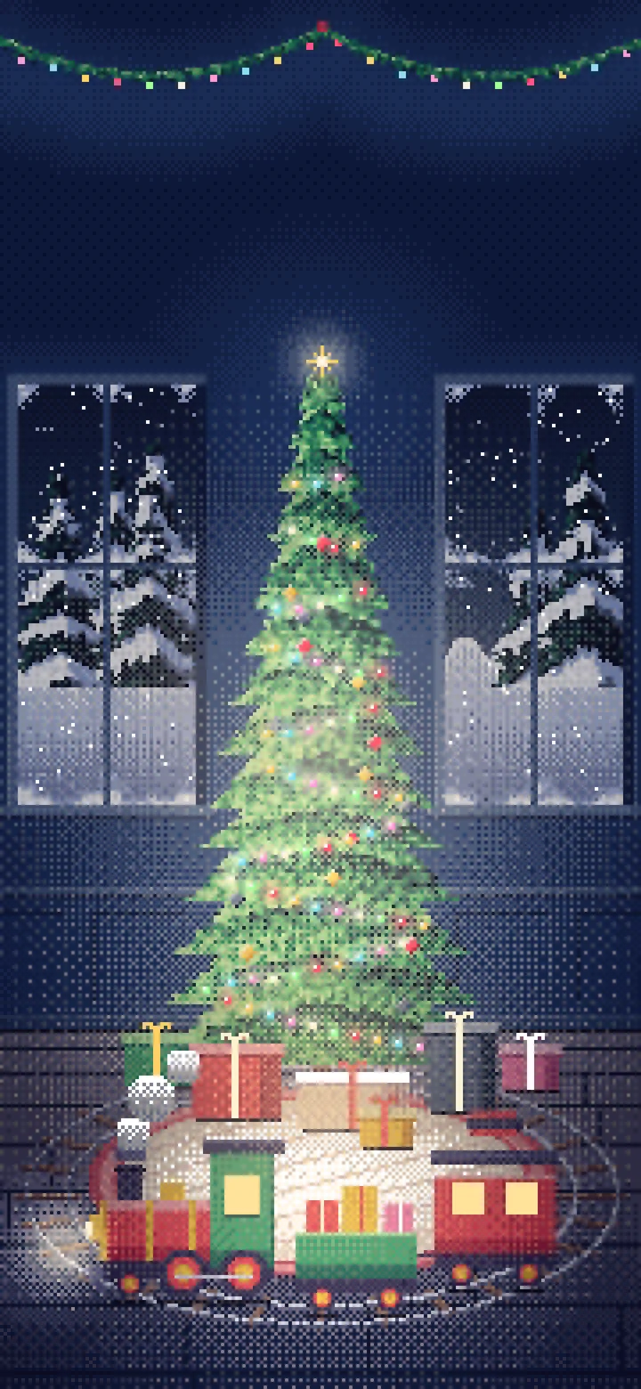 Navy Pixel Art Toy Train Around the Christmas Tree wallpaper for iPhone and Android