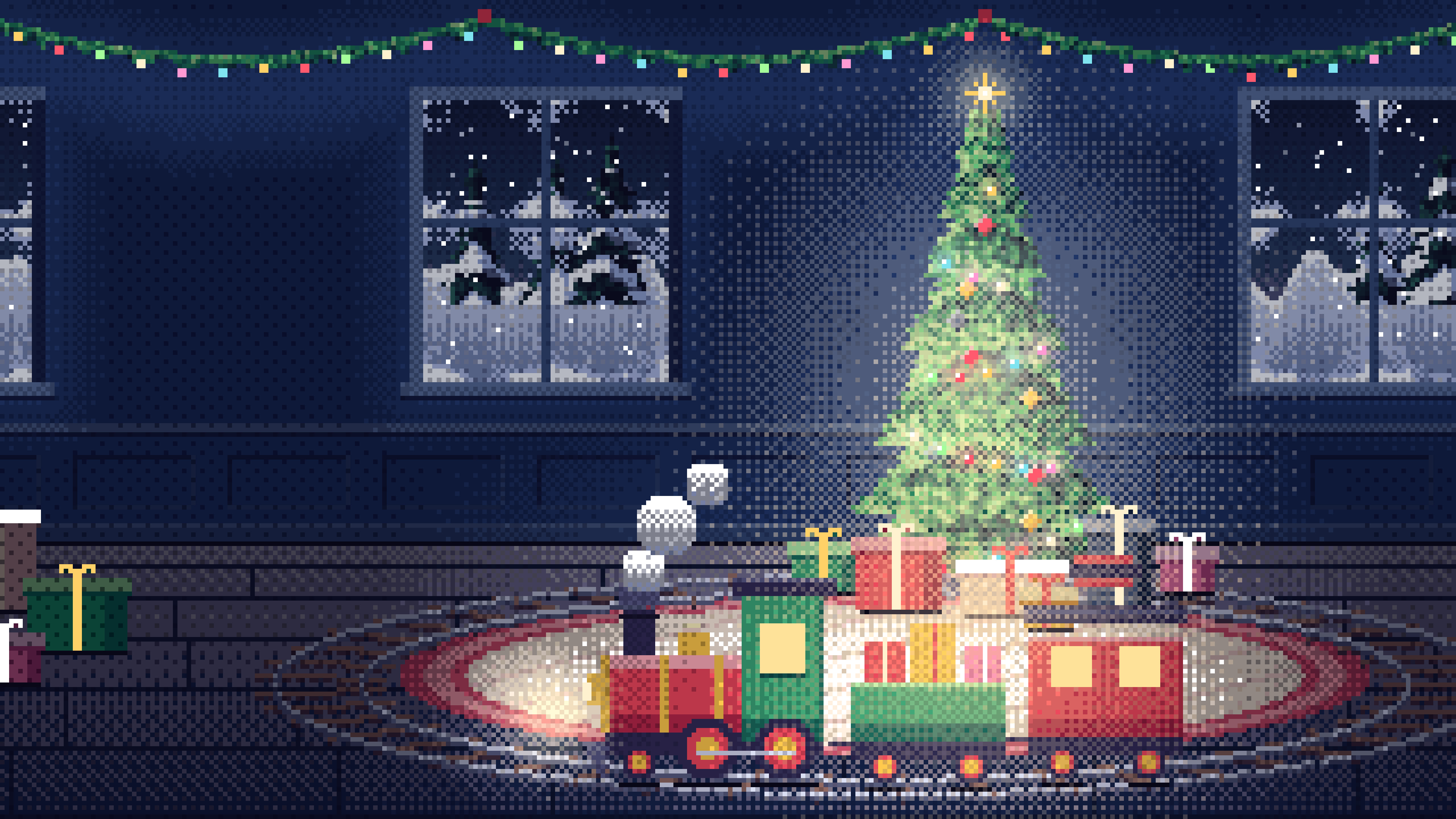 Navy Pixel Art Toy Train Around the Christmas Tree desktop wallpaper in 4K