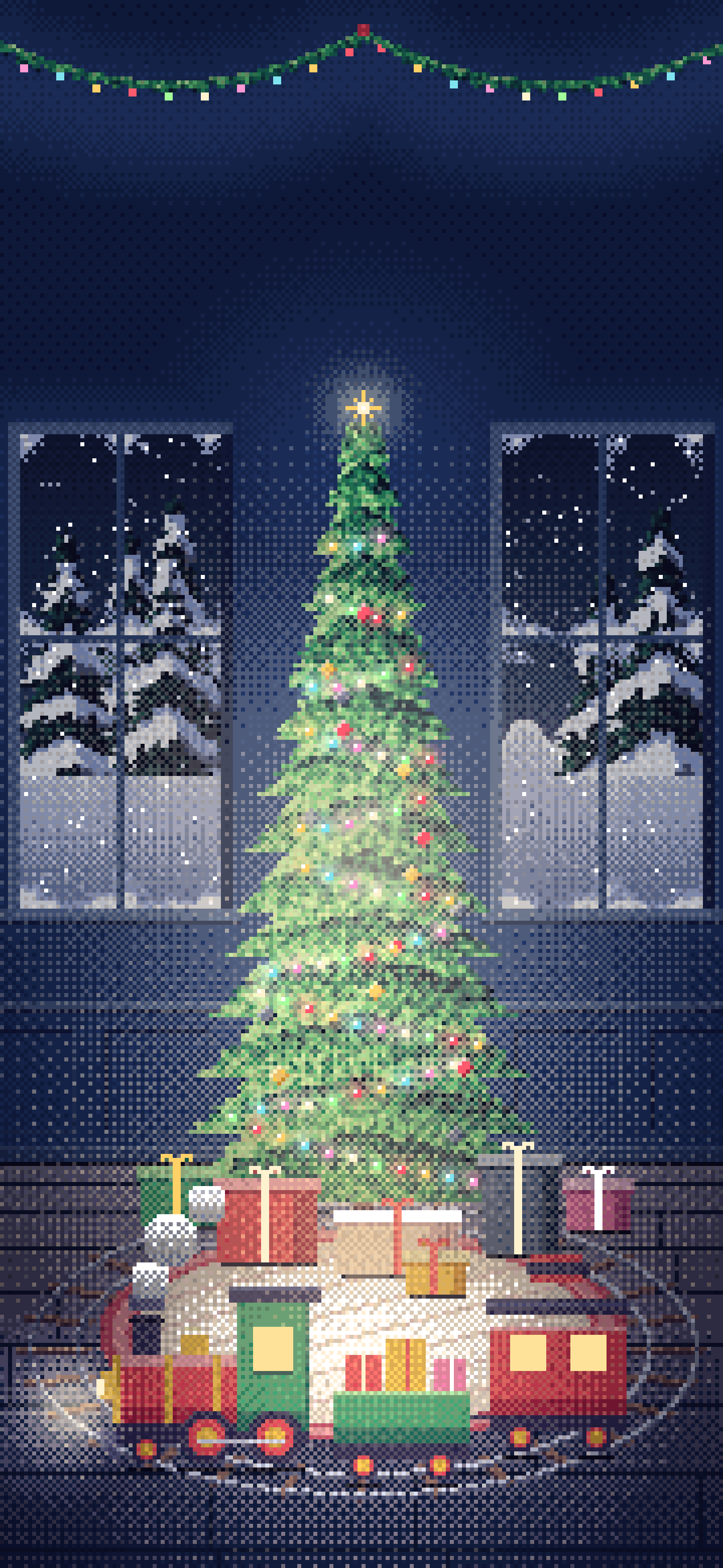 Navy Pixel Art Toy Train Around the Christmas Tree wallpaper for iPhone and Android