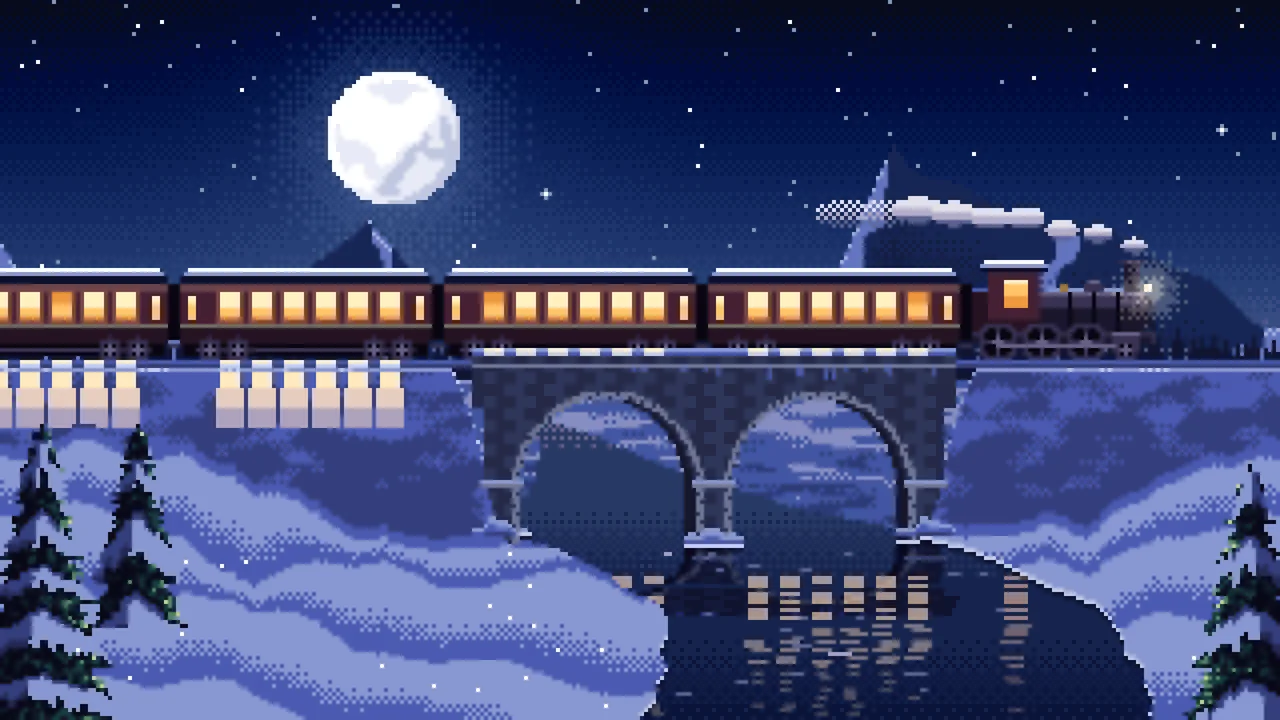 Navy Pixel Art Train Crossing a Snowy Bridge Under the Moon desktop wallpaper in 4K