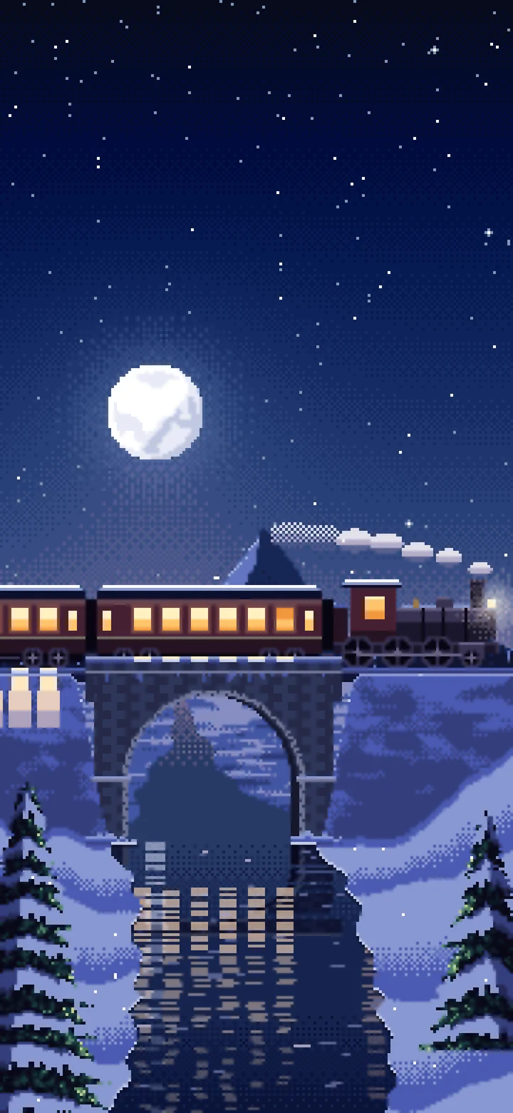 Navy Pixel Art Train Crossing a Snowy Bridge Under the Moon wallpaper for iPhone and Android