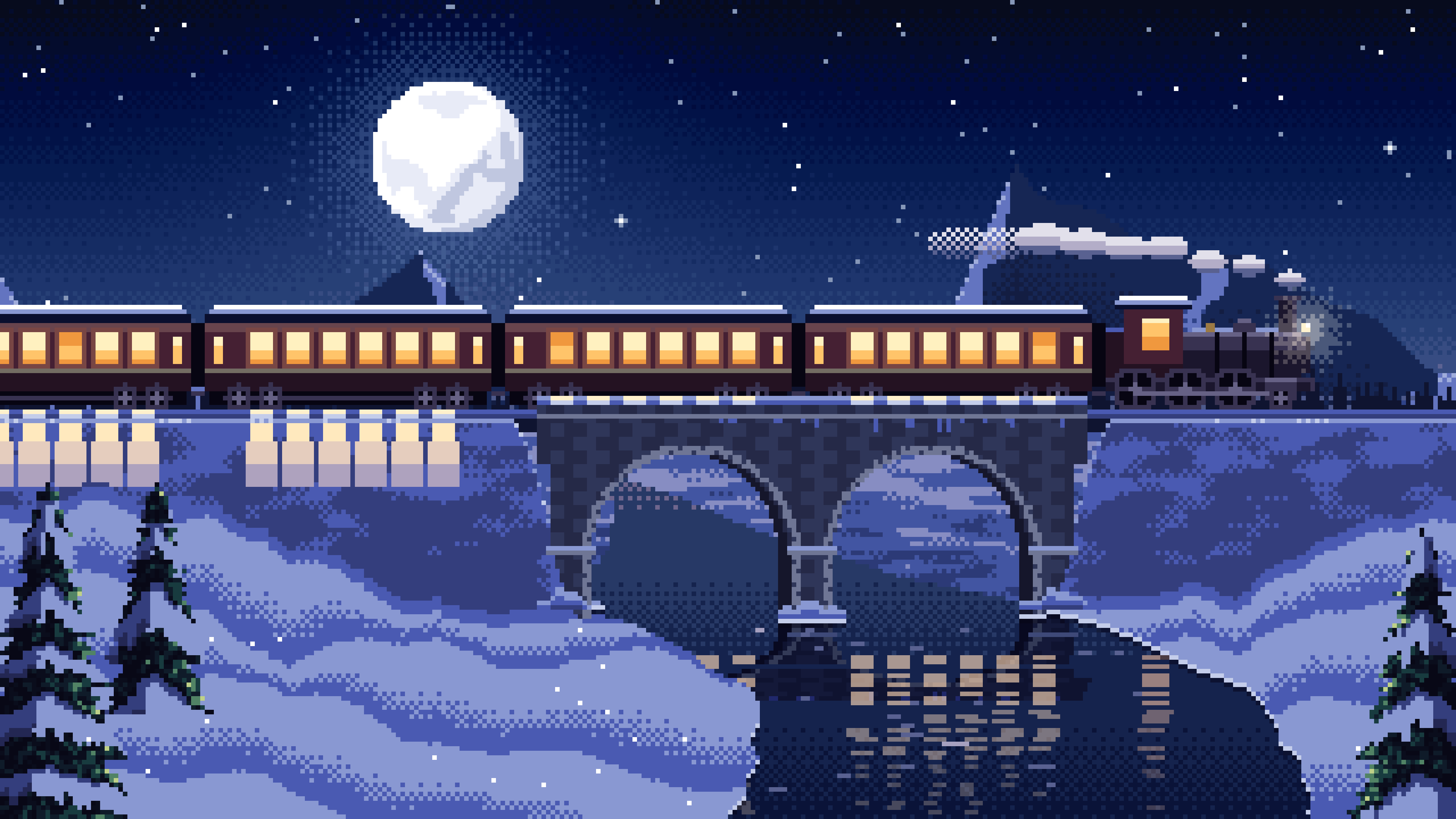 Navy Pixel Art Train Crossing a Snowy Bridge Under the Moon desktop wallpaper in 4K
