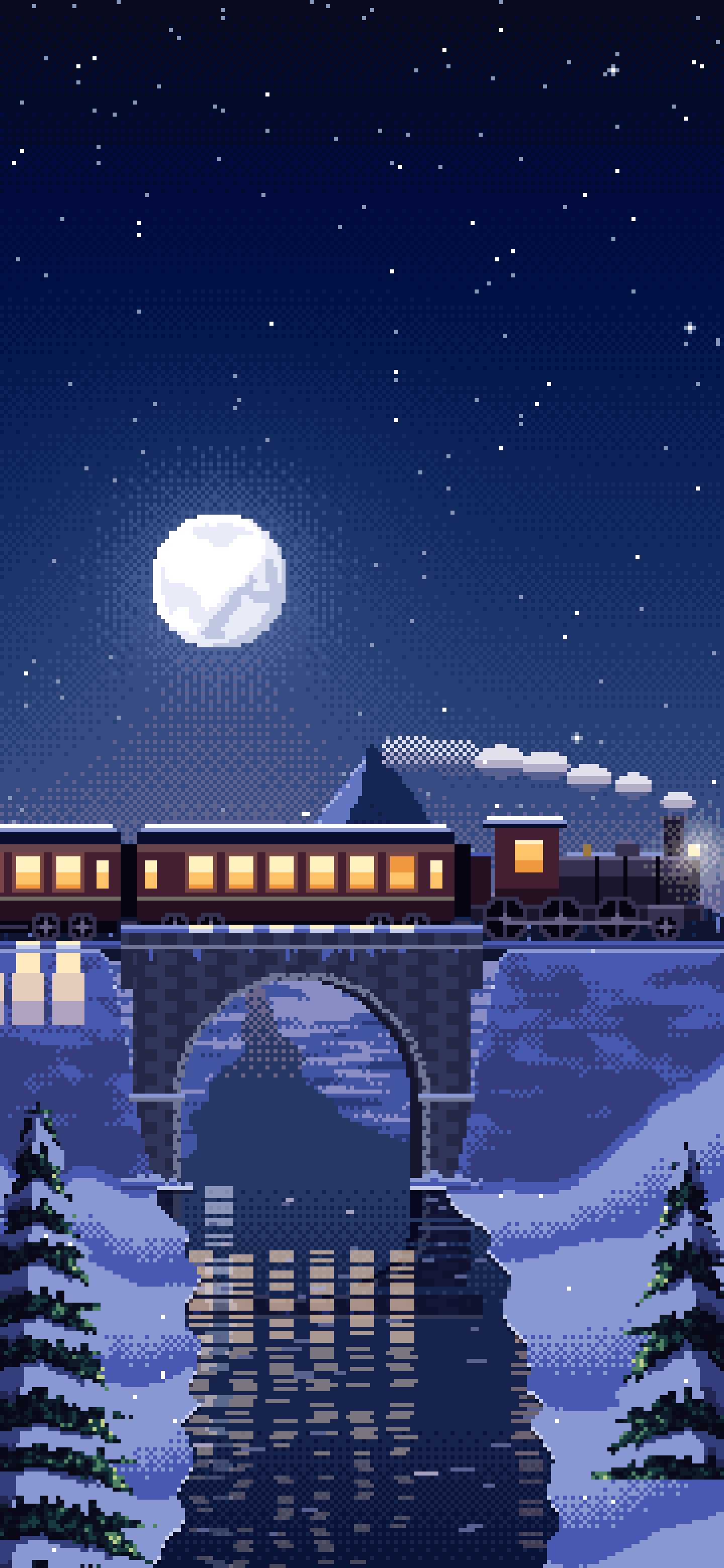 Navy Pixel Art Train Crossing a Snowy Bridge Under the Moon wallpaper for iPhone and Android