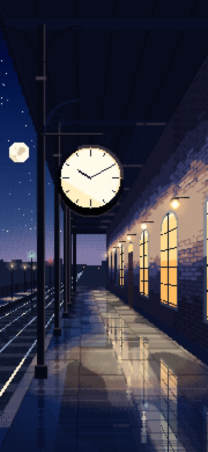 Navy Pixel Art Train Station Clock wallpaper for iPhone and Android