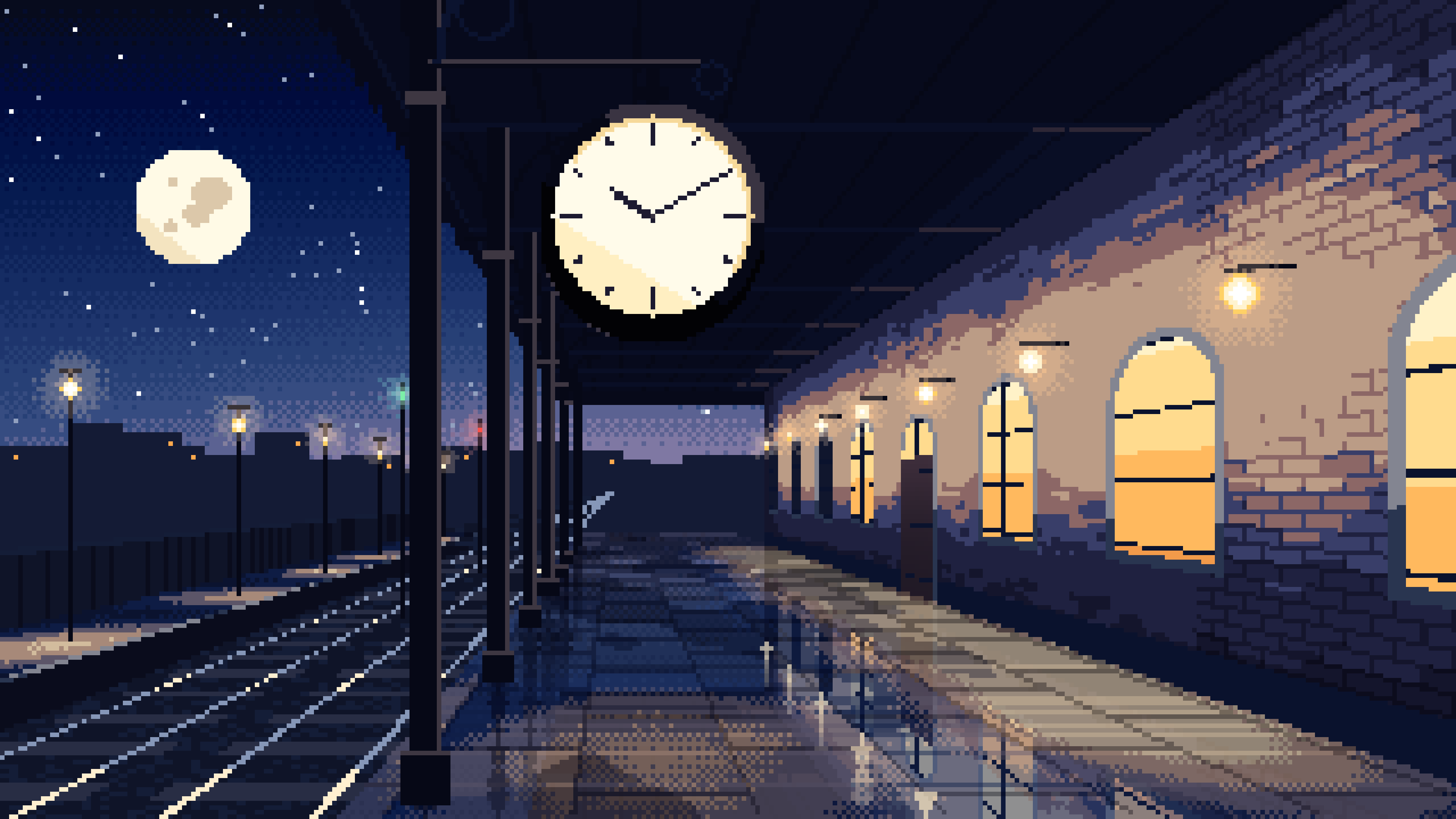 Navy Pixel Art Train Station Clock desktop wallpaper in 4K