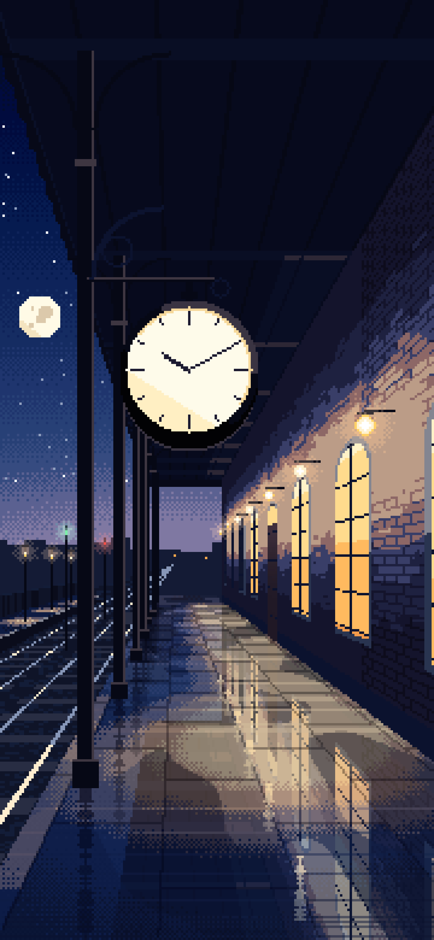 Navy Pixel Art Train Station Clock wallpaper for iPhone and Android