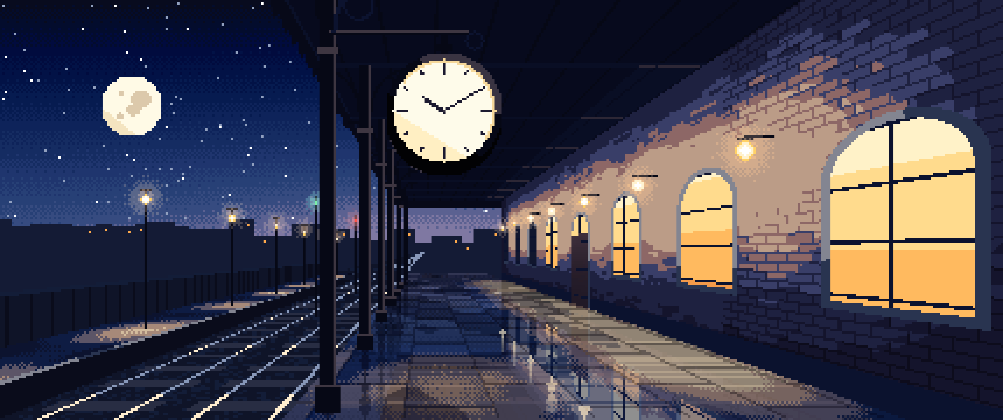 Navy Pixel Art Train Station Clock ultrawide wallpaper, 3440 × 1440