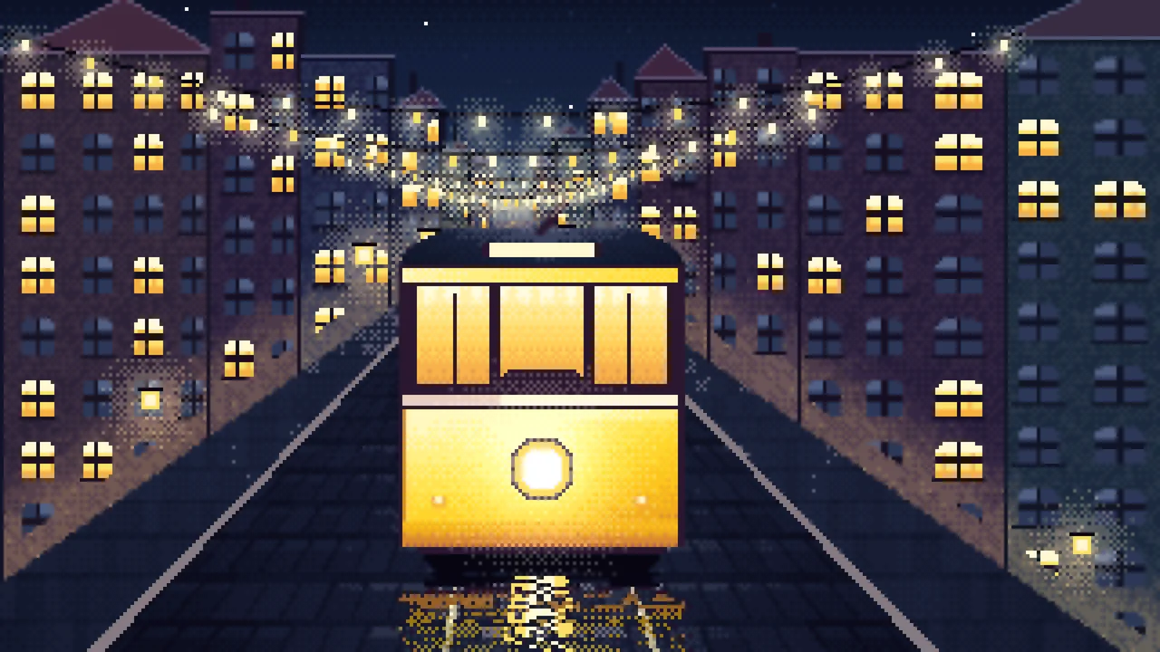 Navy Pixel Art Tram at Night desktop wallpaper in 4K