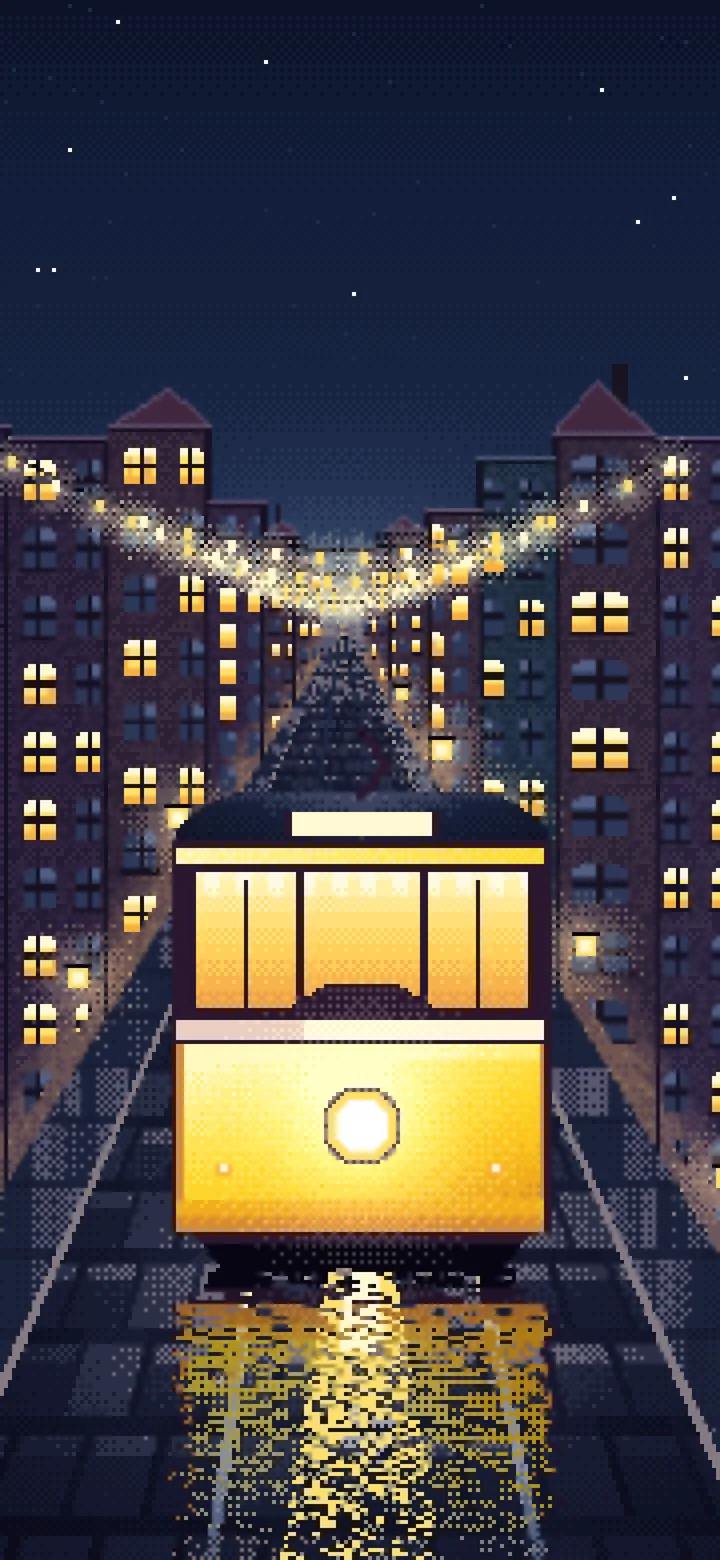 Navy Pixel Art Tram at Night wallpaper for iPhone and Android
