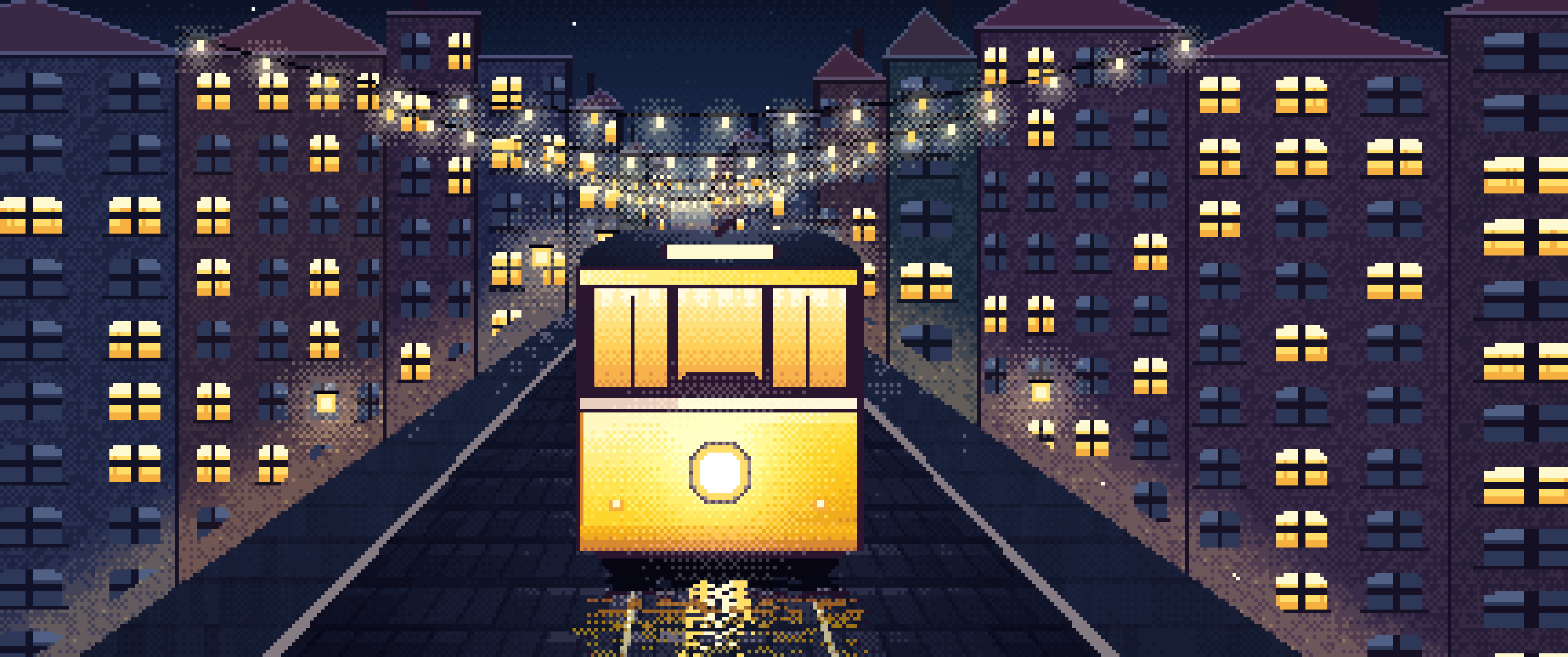 Navy Pixel Art Tram at Night ultrawide wallpaper, 3440 × 1440