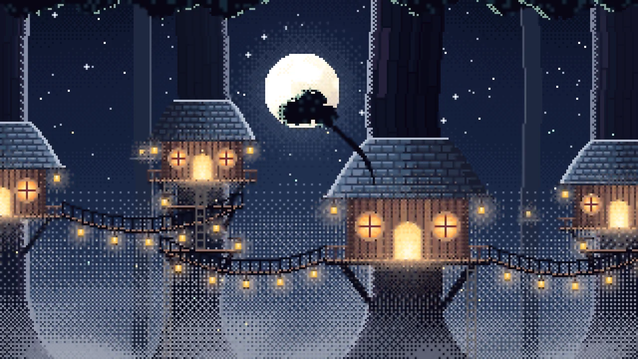 Navy Pixel Art Treehouse in a Fantasy Forest desktop wallpaper in 4K