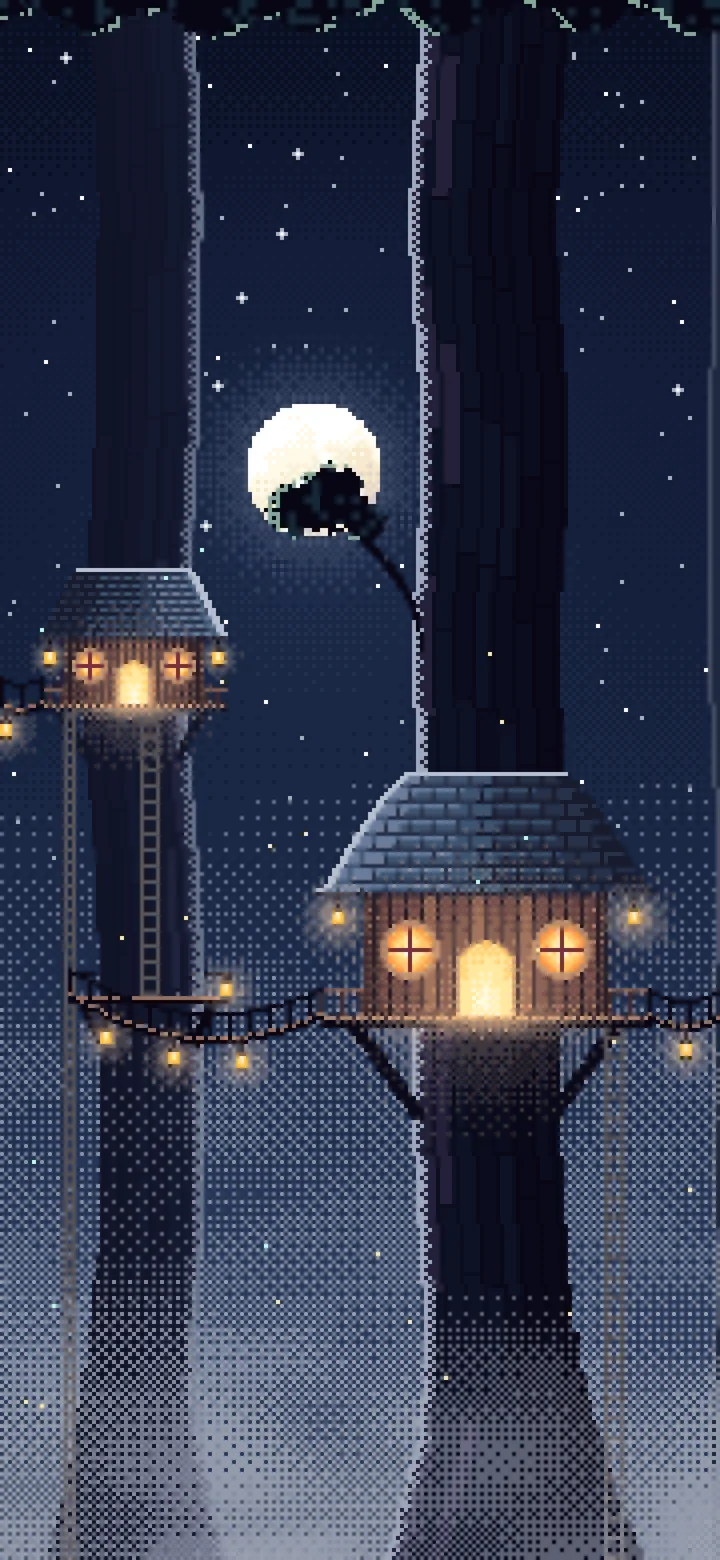 Navy Pixel Art Treehouse in a Fantasy Forest wallpaper for iPhone and Android