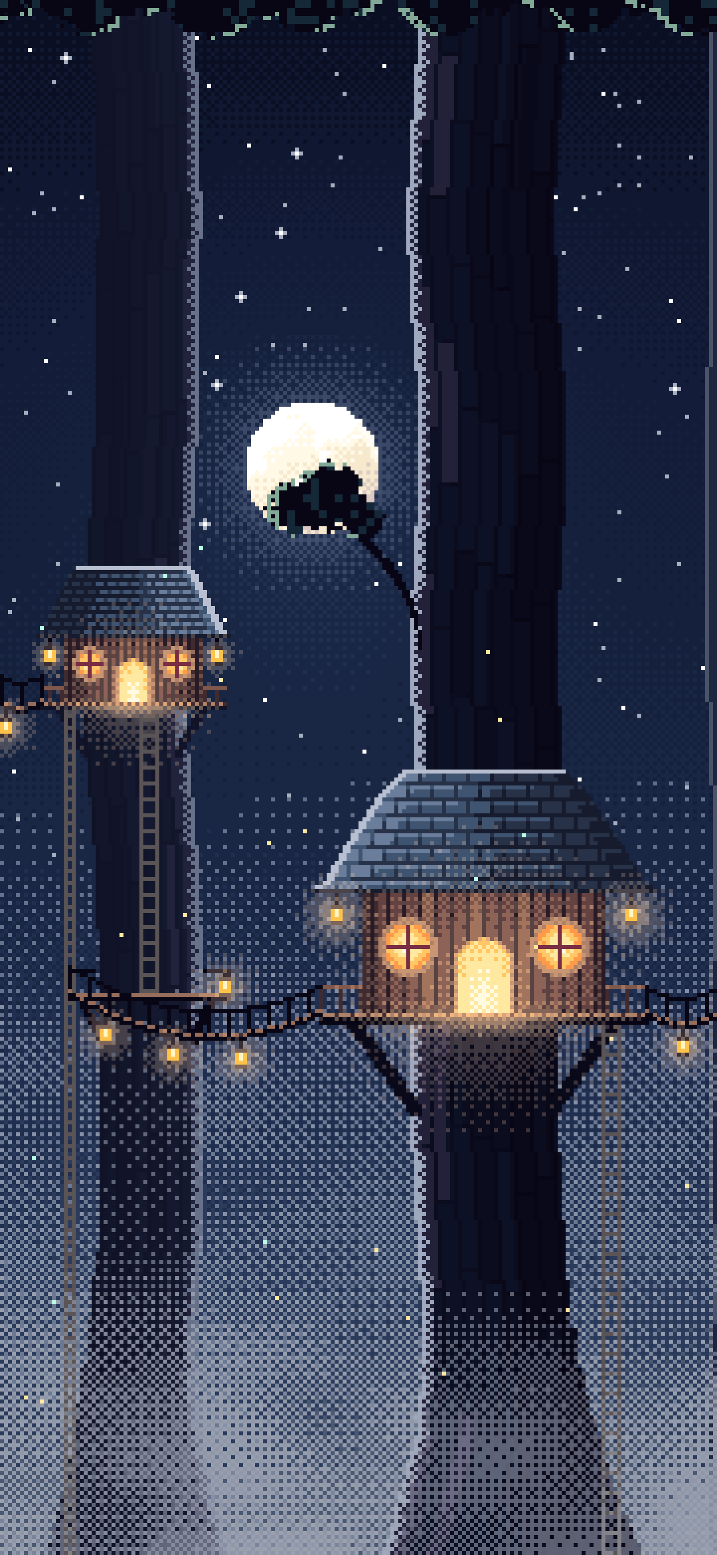Navy Pixel Art Treehouse in a Fantasy Forest wallpaper for iPhone and Android