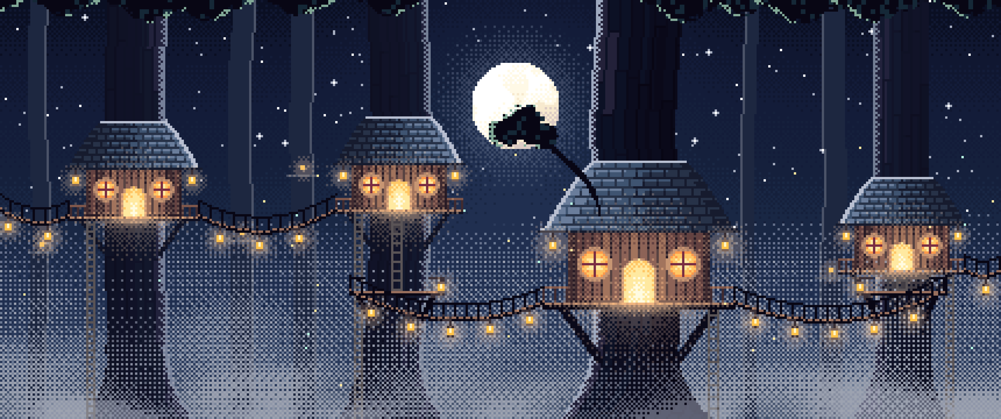 Navy Pixel Art Treehouse in a Fantasy Forest ultrawide wallpaper, 3440 × 1440