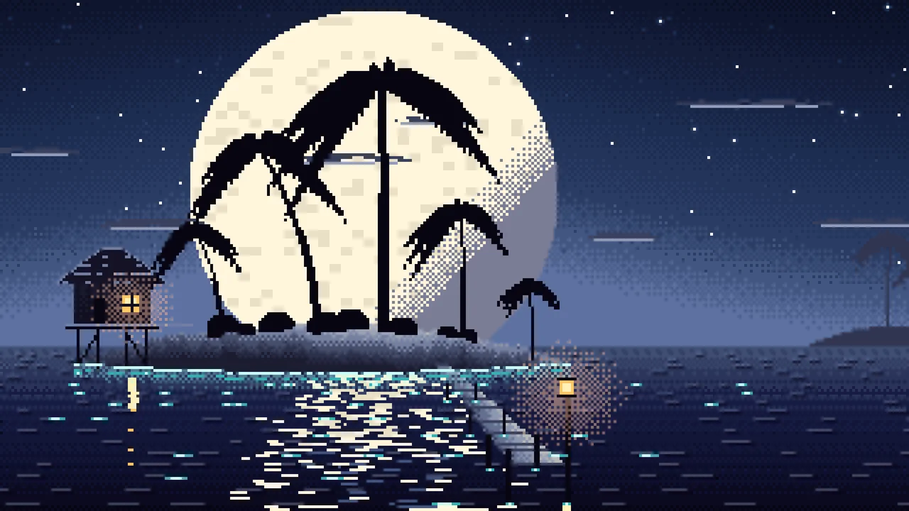 Navy Pixel Art Tropical Island at Night desktop wallpaper in 4K