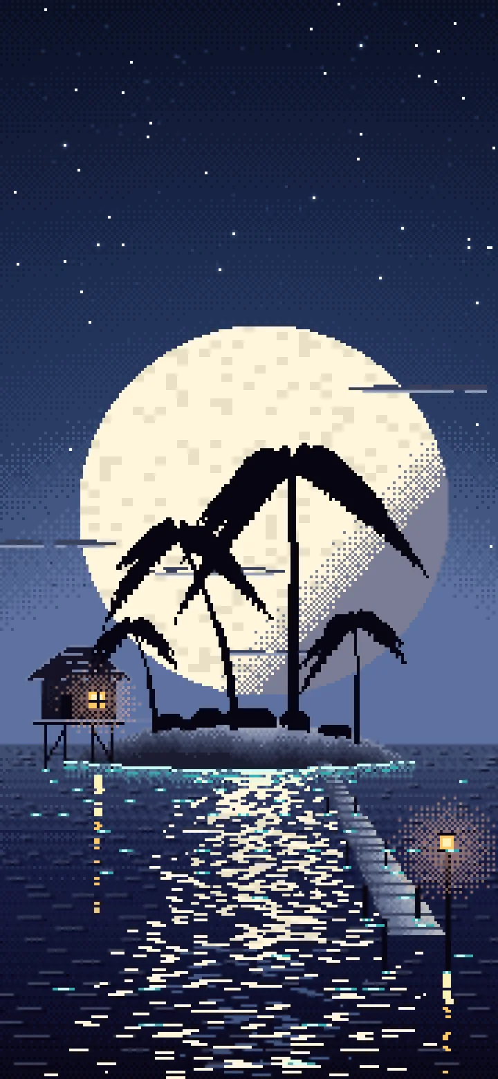 Navy Pixel Art Tropical Island at Night wallpaper for iPhone and Android