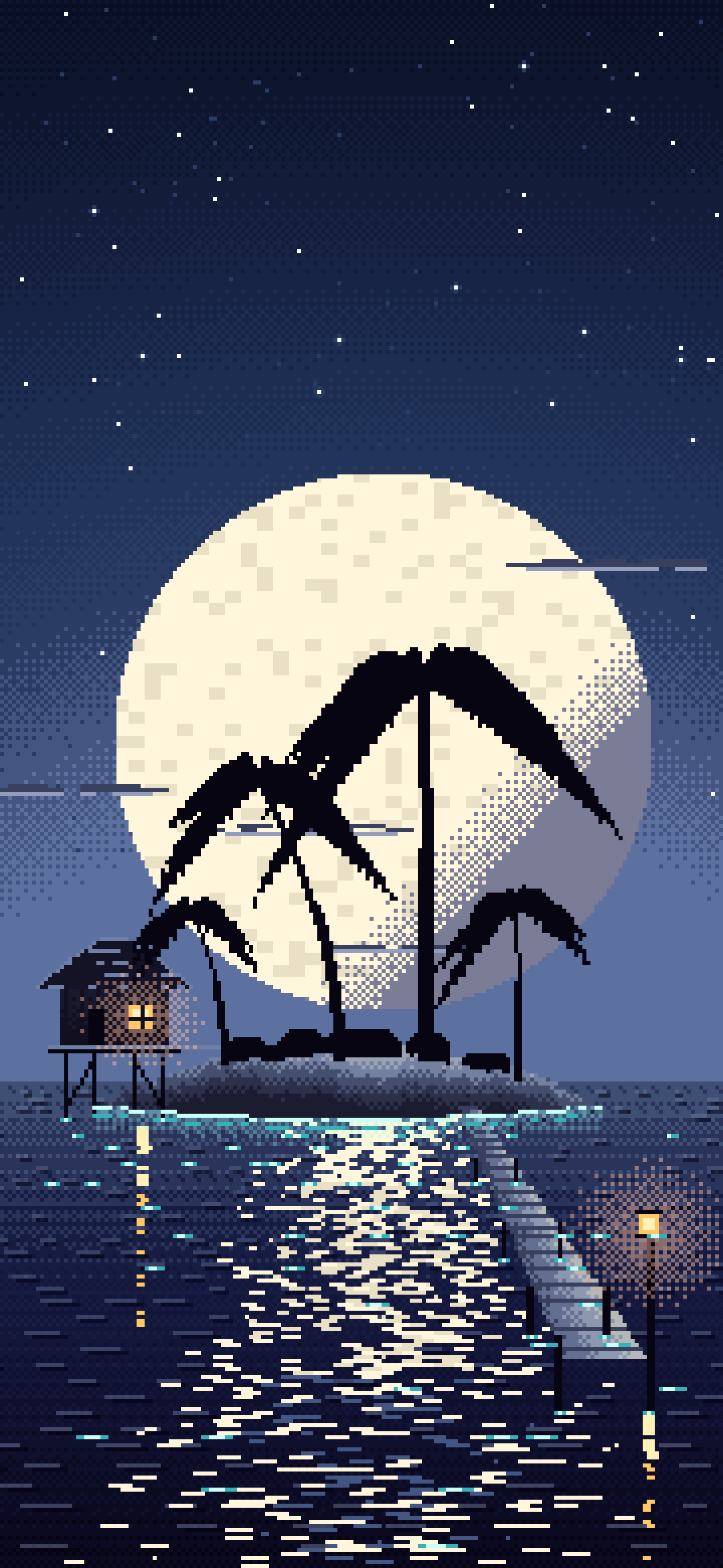 Navy Pixel Art Tropical Island at Night wallpaper for iPhone and Android