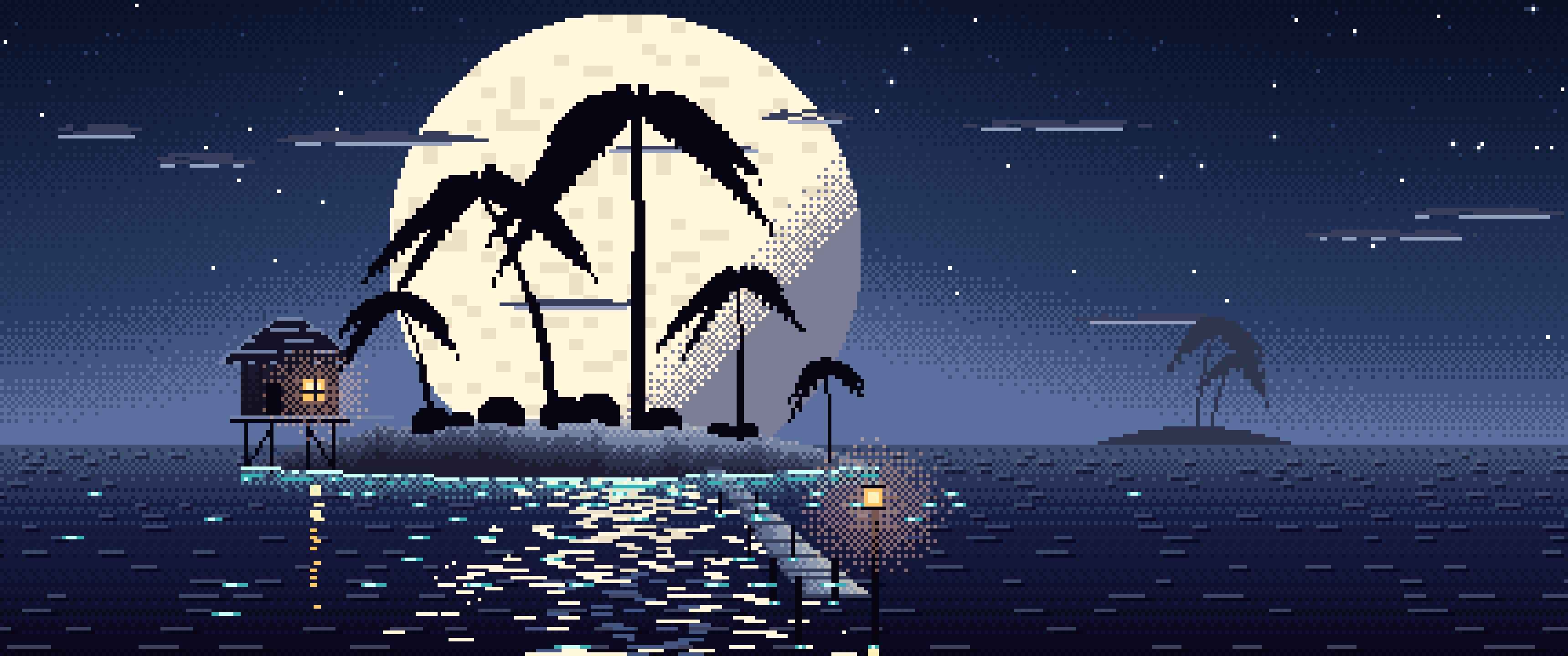 Navy Pixel Art Tropical Island at Night ultrawide wallpaper, 3440 × 1440
