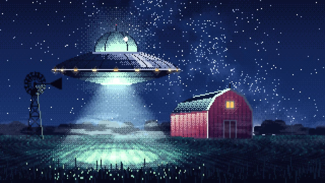 Navy Pixel Art UFO over a Farm at Night desktop wallpaper in 4K