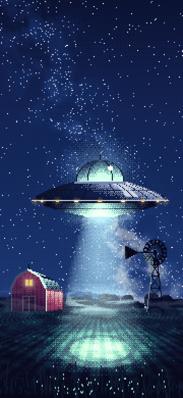 Navy Pixel Art UFO over a Farm at Night wallpaper for iPhone and Android