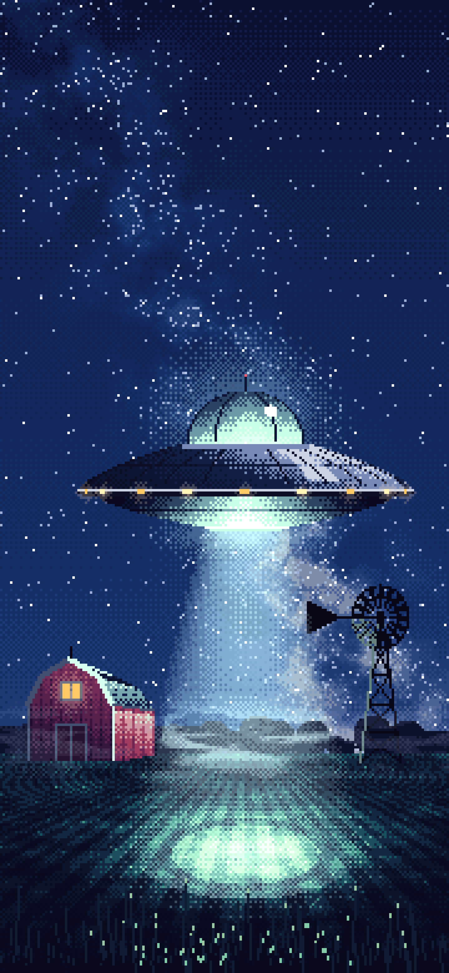 Navy Pixel Art UFO over a Farm at Night wallpaper for iPhone and Android