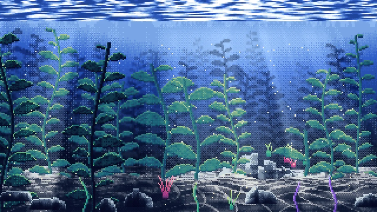 Navy Pixel Art Underwater Kelp Forest desktop wallpaper in 4K