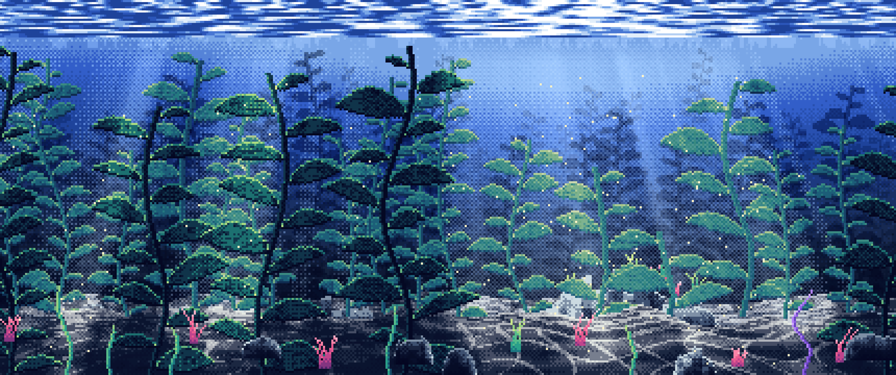 Navy Pixel Art Underwater Kelp Forest ultrawide wallpaper, 3440 × 1440
