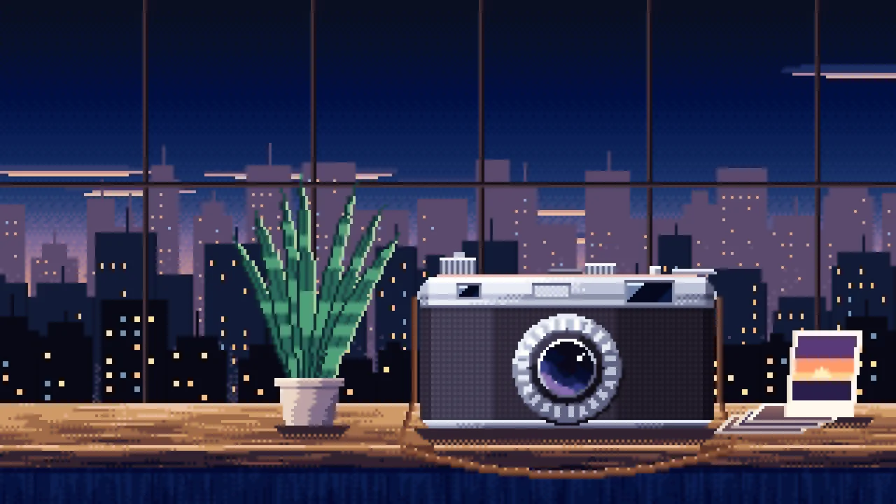 Navy Pixel Art Vintage Camera on a Windowsill at Dusk desktop wallpaper in 4K