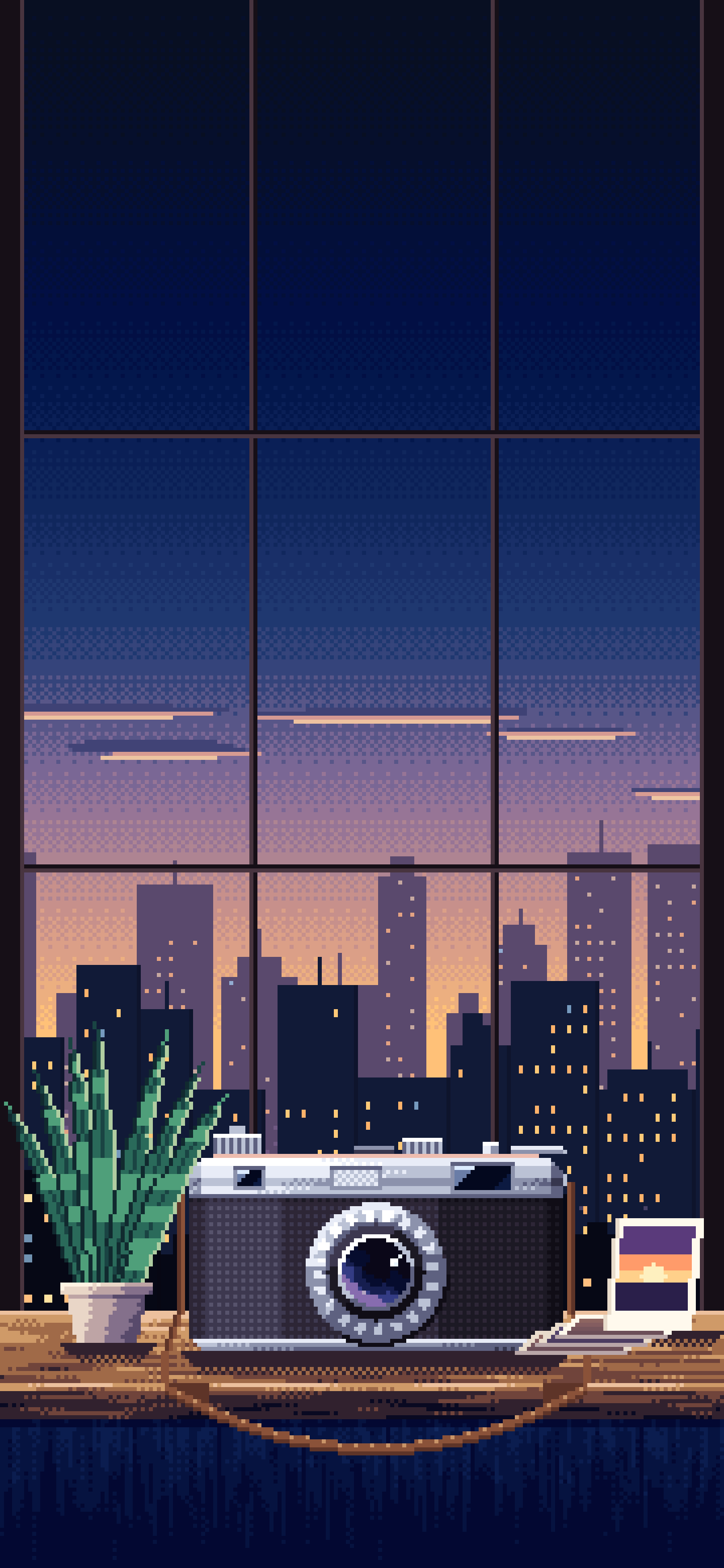 Navy Pixel Art Vintage Camera on a Windowsill at Dusk wallpaper for iPhone and Android